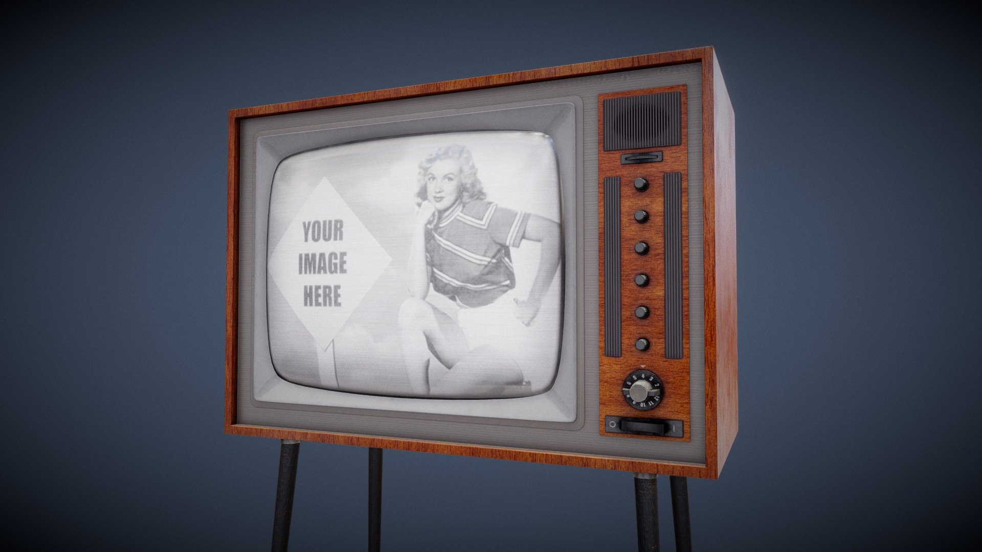 The preview uses compressed JPG textures for better browsing experience.

HD renders: https://www.artstation.com/artwork/Kr5XZ4

Low-poly vintage TV asset with high resolution PBR textures. Has separate texture set for the screen which allows you to easily display your own picture using the provided PSD template.

Switch and channel selector are separated objects parented to the TV body.

Texture format: PNG 4096x4096 (main material) and 1024x1024 (screen)

Model formats provided:




BLEND

FBX

OBJ

UNITYPACKAGE

Heads up! Here you can download FREE version of this 3d model with lower resolution textures and check its quality before buying 3d model