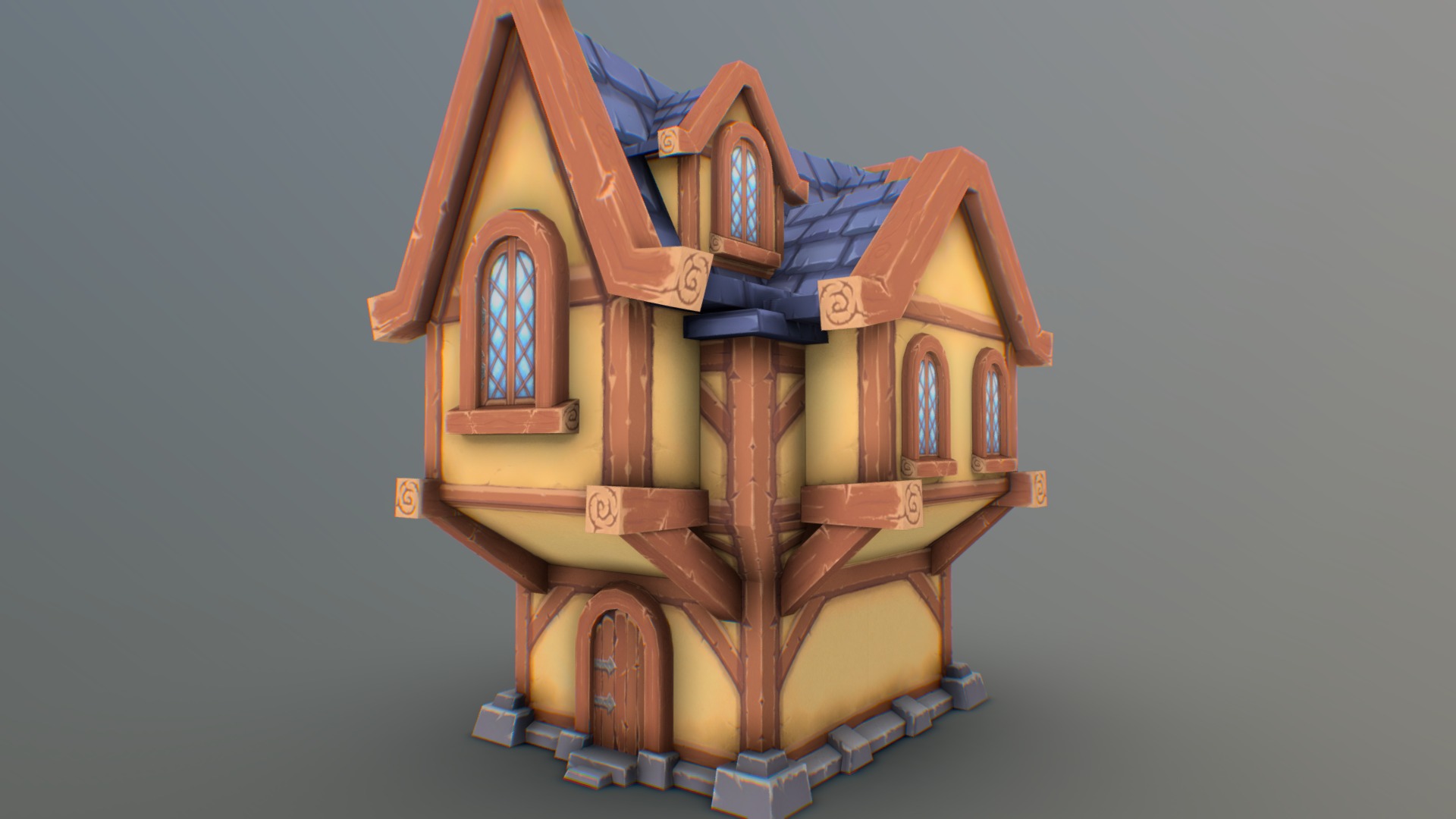 I came across this amazing hand-painted house by Antonio Neves:
https://www.artstation.com/artwork/low-poly-house

I need to practice making World of Warcraft environment models, (wanna work for Blizzard so bad!), so I had to take a stab at making this house myself!  

My goal was to gain experience with this fast workflow.  I actually threw down a bit of paint in blender while very roughly blocking in and UVing the house, to get me an idea of what I could get away with tiling.  Then I opened the simple texture in Ps to arrange the islands and actually paint it nicely.  Back to blender, re-alligned the UV islands, then created a second set of UVs, and baked a couple maps for light mapping. Mixed those in Ps, and figured out how to get UV sets into Sketchfab.  Done!
I think I finished this in only 9 hours!  Fast for me!   Stoked to get experience doing things for quick flat models.

Anyways, cred goes to Antonio Neves, I totally ripped this design off of him (for practice.)  - Hand-Painted Home (based on concept) - 3D model by therealmarkehlen 3d model