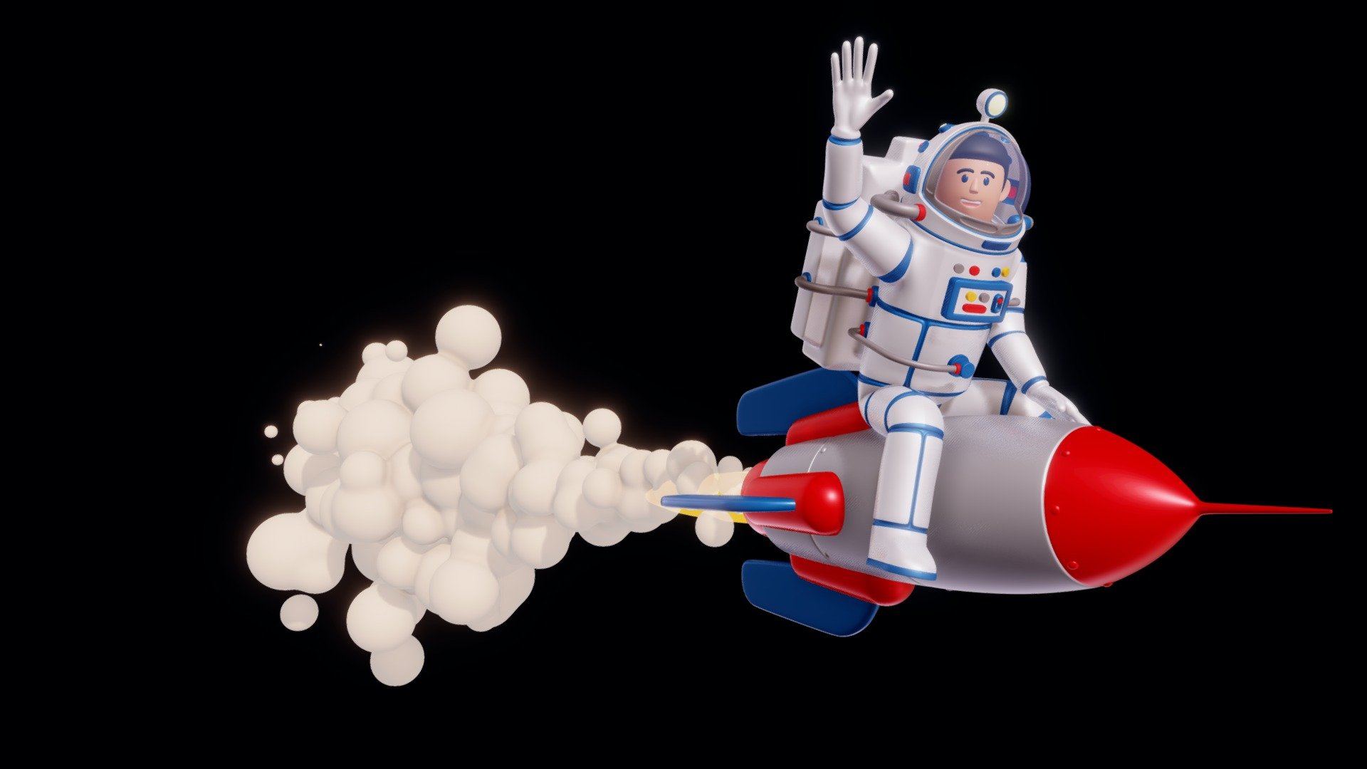 Astronaut in spacesuit riding on rocket that releases flames and smoke.
Made in Blander 3d 3d model