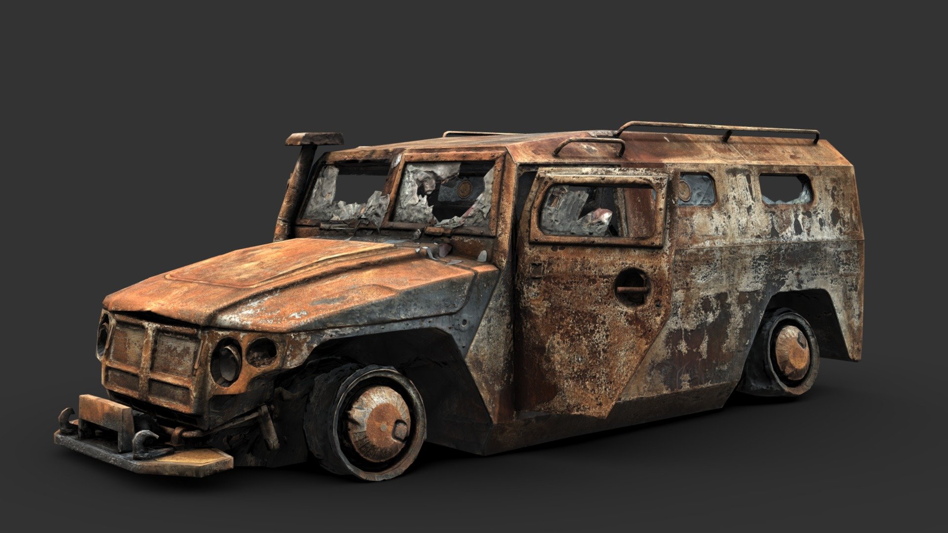3D model made from multiple real-world enemy vehicles destroyed during the ongoing conflict in ukraine.

Made in RealityCapture, 3DSMax, Substance Painter, and Zbrush - Destroyed GAZ Tigr - Buy Royalty Free 3D model by Renafox (@kryik1023) 3d model
