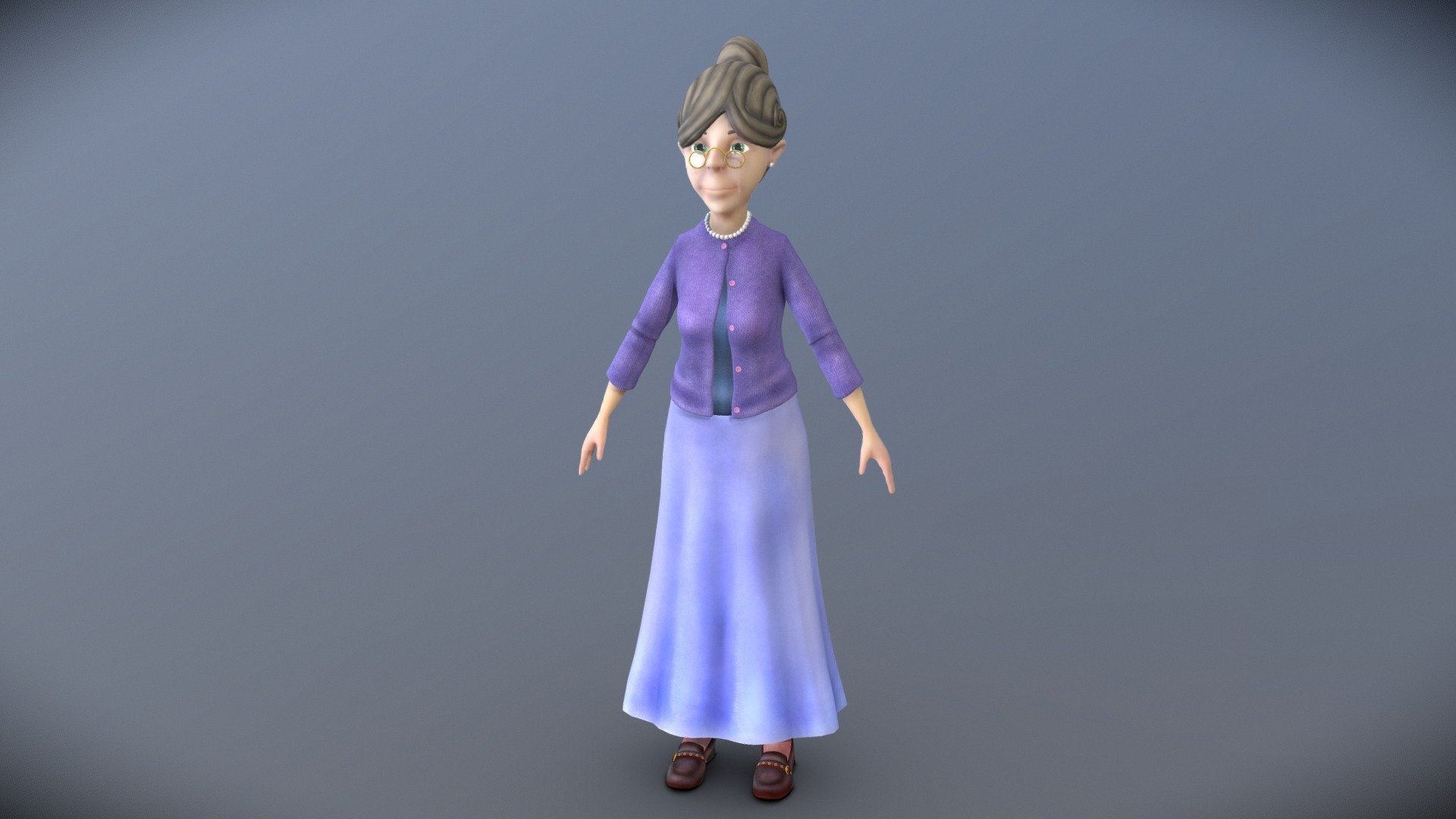 A cartoon grandma character model with textures.

Color, Normal, and Specular Maps.

Collada and FBX format included 3d model