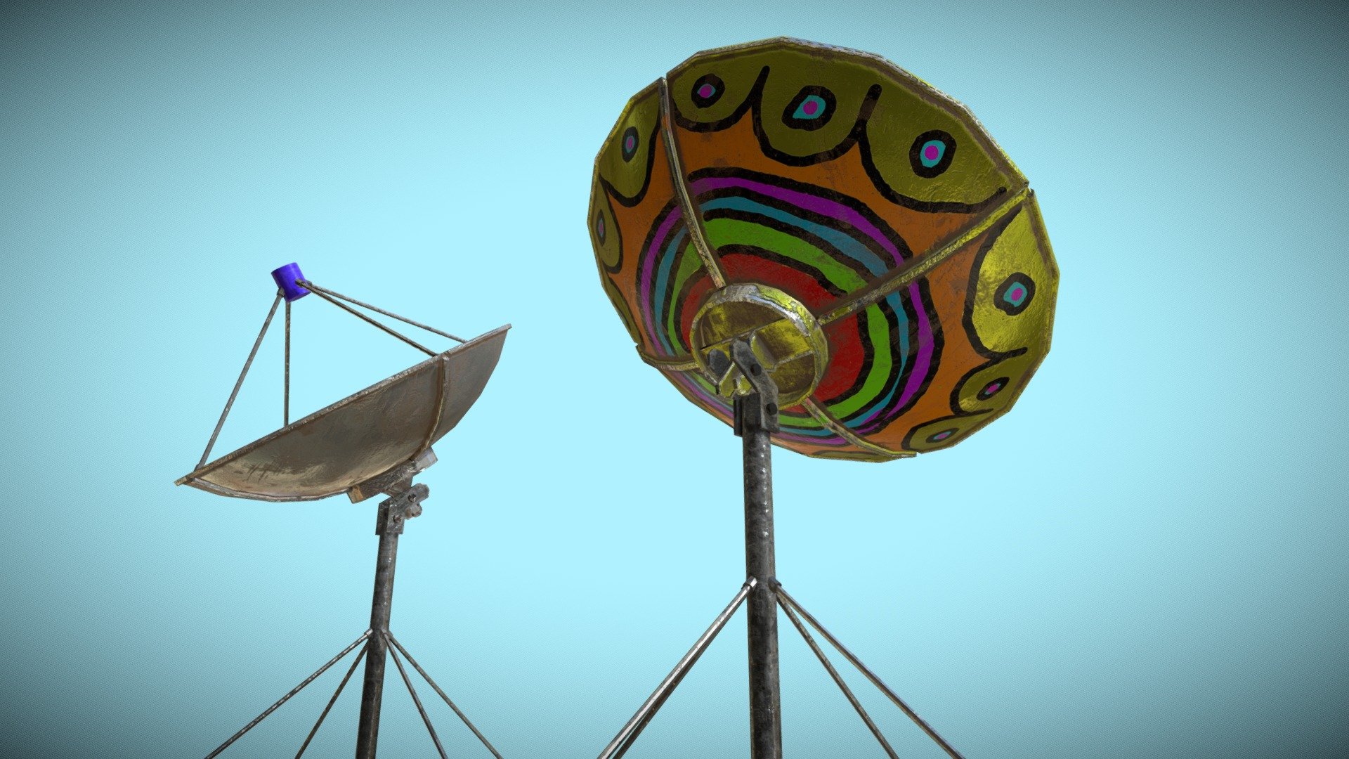A painted graphite-style satellite dish. The model has little polygon but within the realistic style. It has two different skins, one with drawings and one without, so you can paint as you like. In additional download .dae .fbx .obj 3d model