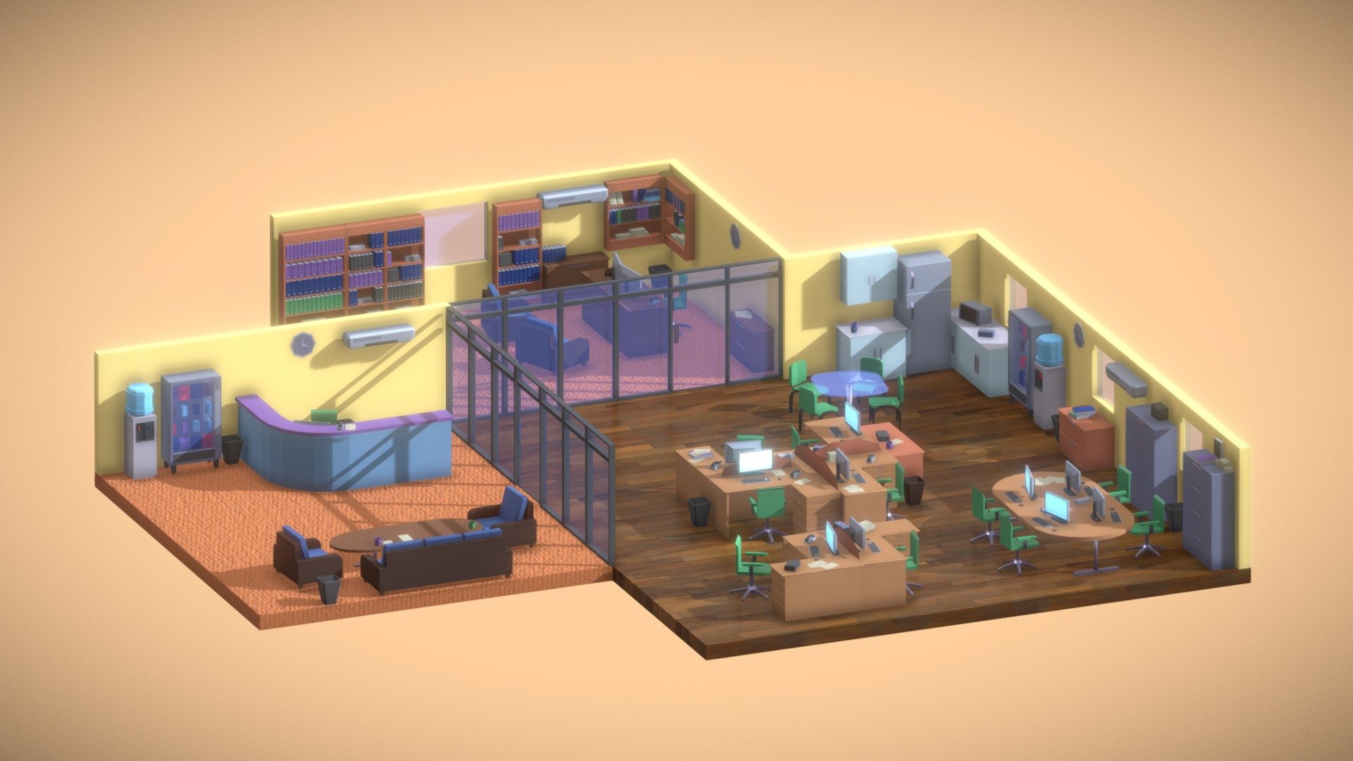 Low-poly isometric office environment scene. Everything is made by me exclusivly in Blender(except 2 textures).

You can check out renders of this and other models on my porfolio here: https://www.artstation.com/artwork/wJ46mg - Office 2 - 3D model by Companion_Cube 3d model