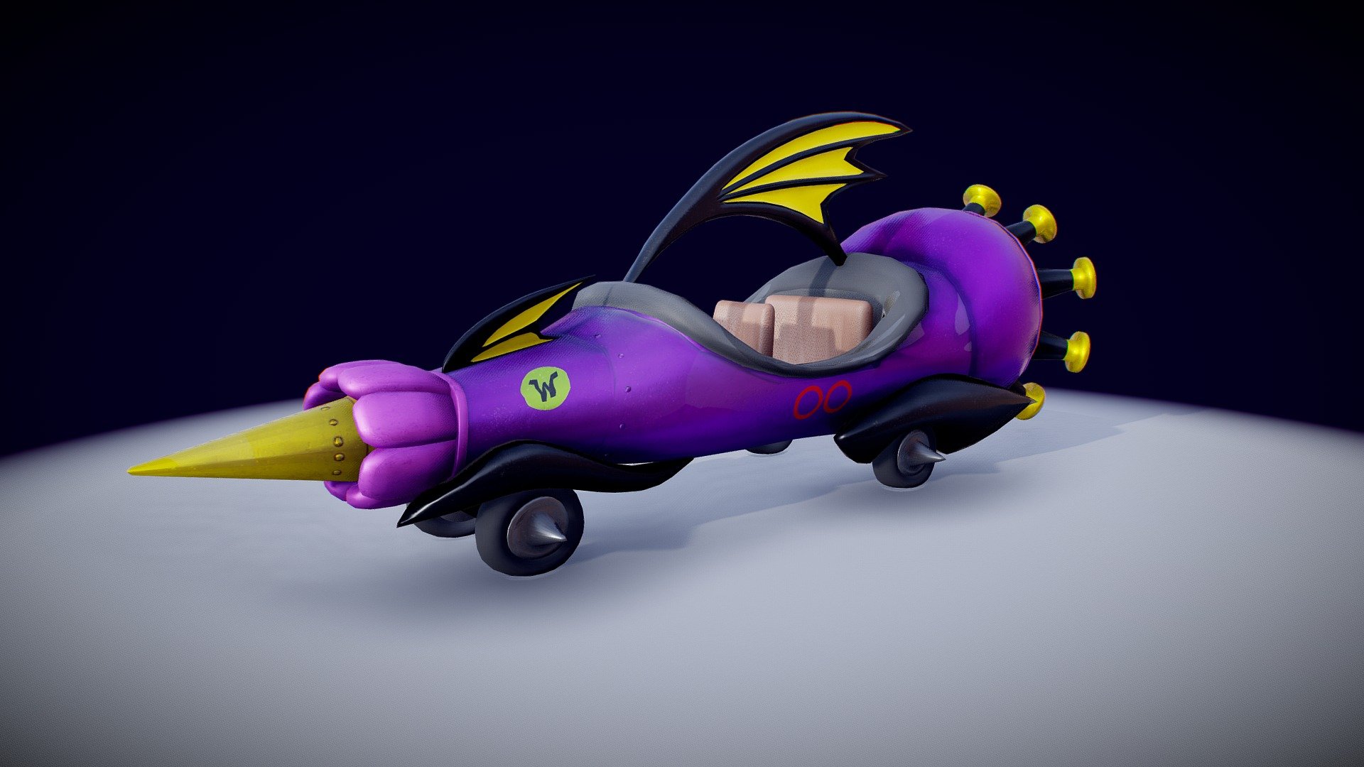 The Mean Machine is the number 00 car. It is a purple, rocket-powered car with an abundance of concealed weapons and ability to fly. It is the fastest car in the races, easily passing the field at will, though Dastardly prefers to win by cheating 3d model