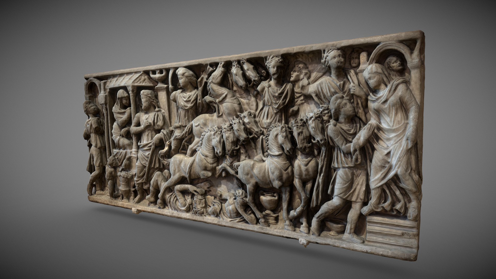 Front part of a sarcophagus, Severe period (ca. 200), Rome (?), Marble. Musée d’Art et d’Histoire (Musée du Cinquantenaire, Brussels, Belgium). Made of 500 pictures with Zephyr3D Lite from 3DFlow.

The legend of Pelops and OEnomaüs was appropriate for the decoration of the tomb of two spouses. In this case, the sculptor has retained no less than five successive scenes from this mythical tale, from left to right: the arrival of Pelops, the chariot race, the return of Pelops, the return of Pelops to the palace and, finally, the departure of Pelops and his lover Hippodamia.

For more updates, please consider to follow me on Twitter at @GeoffreyMarchal. (https://twitter.com/GeoffreyMarchal) - Fragment Sarcophage - Buy Royalty Free 3D model by Geoffrey Marchal (@geoffreymarchal) 3d model
