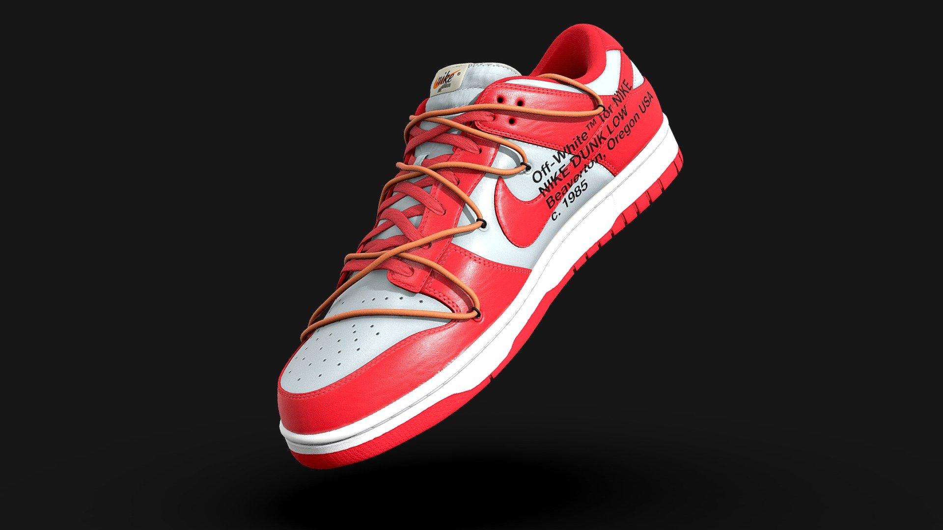 Off White collaboration with Nike on a Dunk low in University Red, made in Blender, textured in Substance. Virgil Ablohs take on the Nike Dunk first debuted in 2019, A reimagined tongue coupled with bright, Flywire lacing helped this shoe to stand out and cement its place in the storied legacy of the Nike Dunk. This colourway boasts red leather accented by a smooth grey leather. 

Every detail was made in the recreation of this shoe, from the text on the medial side of the shoe to the subtlety of each material, nothing went overlooked. The model itself is subdivision ready and consists of four texture sets. The model on display is at Subdivision level 1 and each texture is at 4096x4096 resolution

Download File Contents:
1. Native Blender file with linked textures
2. Folder containing all textures in 4096x4096 png format. 
3. FBX and OBJ versions of the shoes - Off White x Nike Dunk University Red Shoe - Buy Royalty Free 3D model by Joe-Wall (@joewall) 3d model