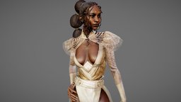 Sybil fashion, medieval, dress, woman, artstation-challenge, lowpoly, female, black, gold, noai