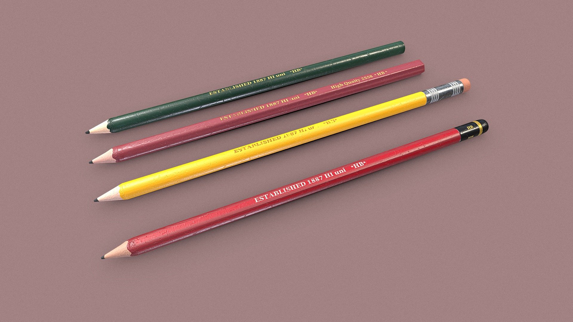 A selection of worn pencils, useful prop for any interior scene such as a classroom or office. 

PBR textures @2k - Pencils - Buy Royalty Free 3D model by Sousinho 3d model
