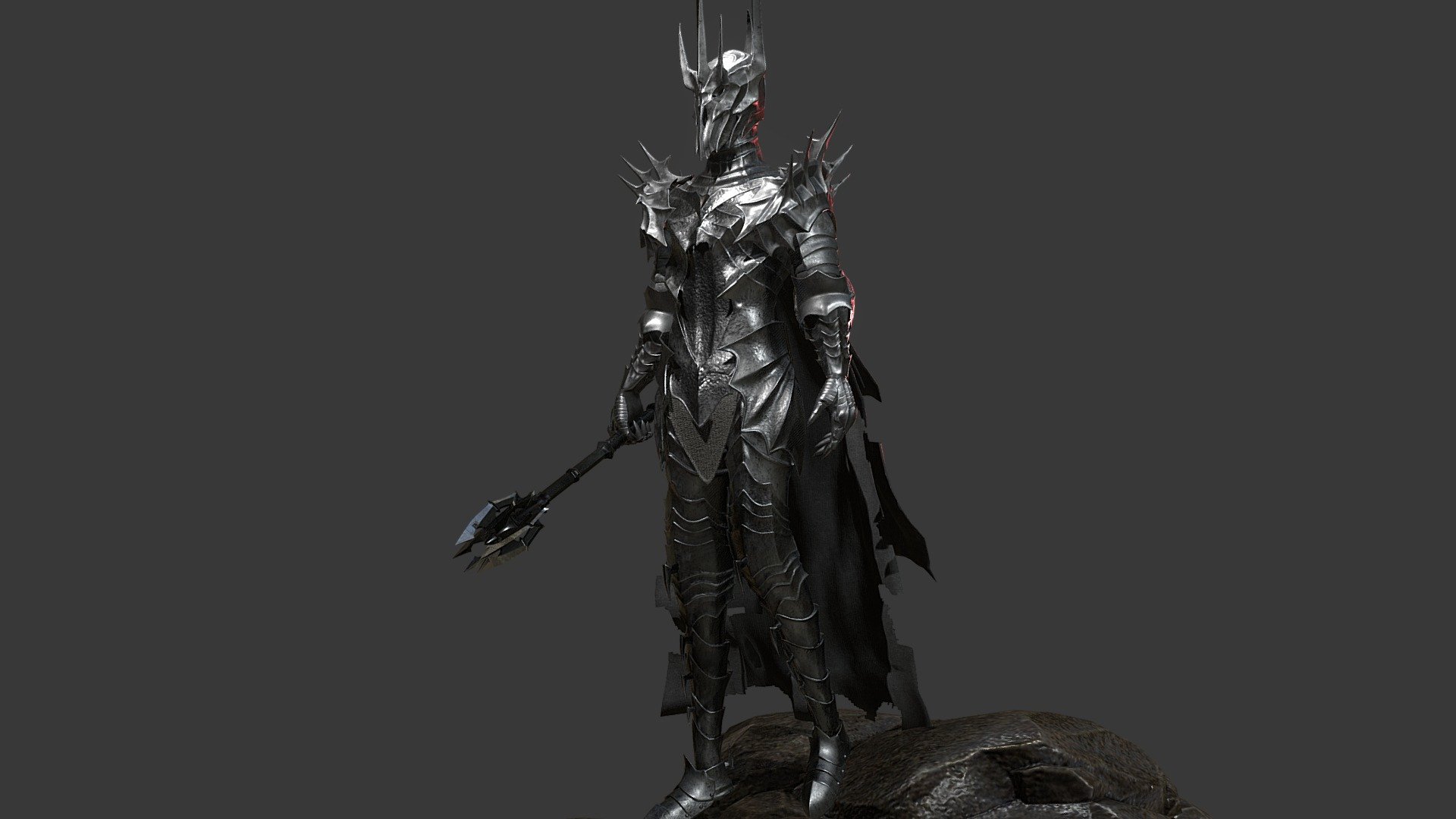 Hello community. I'm huge fan of Lord of the rings and Sauron. Here is my recent work. Game ready dark lord model. Have a fun. If you need additional file. contact me. :)
Native: Blender 3.3
Rendered in Blender eevee.
Textures.rar, Fbx, Obj, Blender file included

PBR textures 2048x2048
Basic rigged

Polycount: 
Total faces- 43.4k
Total verts- 43.3k

Full body with cape: faces-35k verts -36.8k

Mace: faces-4.3k verts-4.3k

Rock: faces-3.9k verts-1.9k

Ring: faces-144 - Sauron Game-ready character - 3D model by munkhartist 3d model