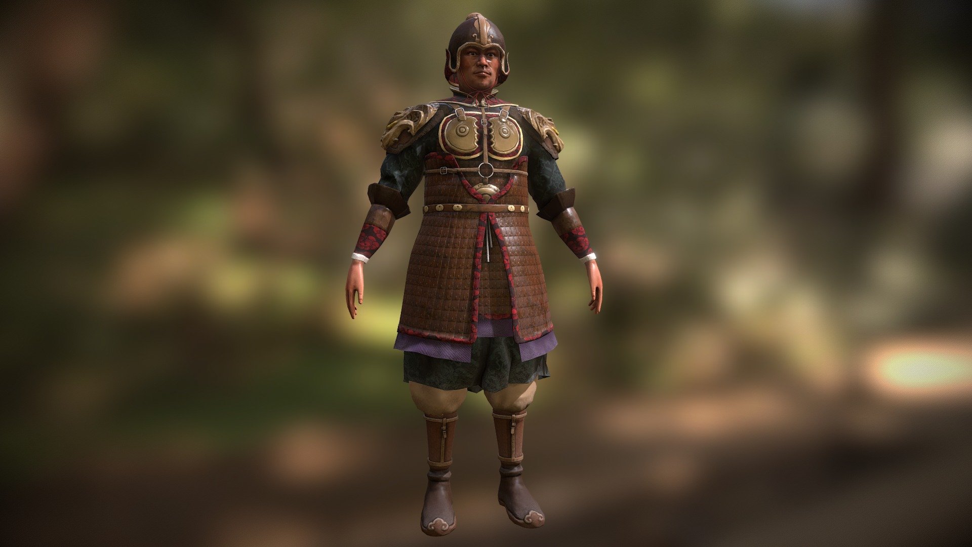 Realistic Traditional Ancient Asian Warrior Soldier 3D model:




Lowpoly model with Verts 12k, Faces 11k, Tris 22k

Good topology, Game ready, suitable for AR/VR

UV unwrapped, non-overlaping with 2 materials for body and cloths

PBR texture: Base color, Normal, Roughness, Metallic, Height, AO

Texture 4096*4096

File format: Maya (native), FBX, Obj, Unity package
 - Traditional Ancient Ly Dynasty Warrior - Buy Royalty Free 3D model by Dzung Dinh (@hugechimera) 3d model