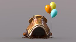 Balloon Toad hat, organic, balloon, frog, toad, nature, ribbon, character, texture, design, stylized, modelling, boater