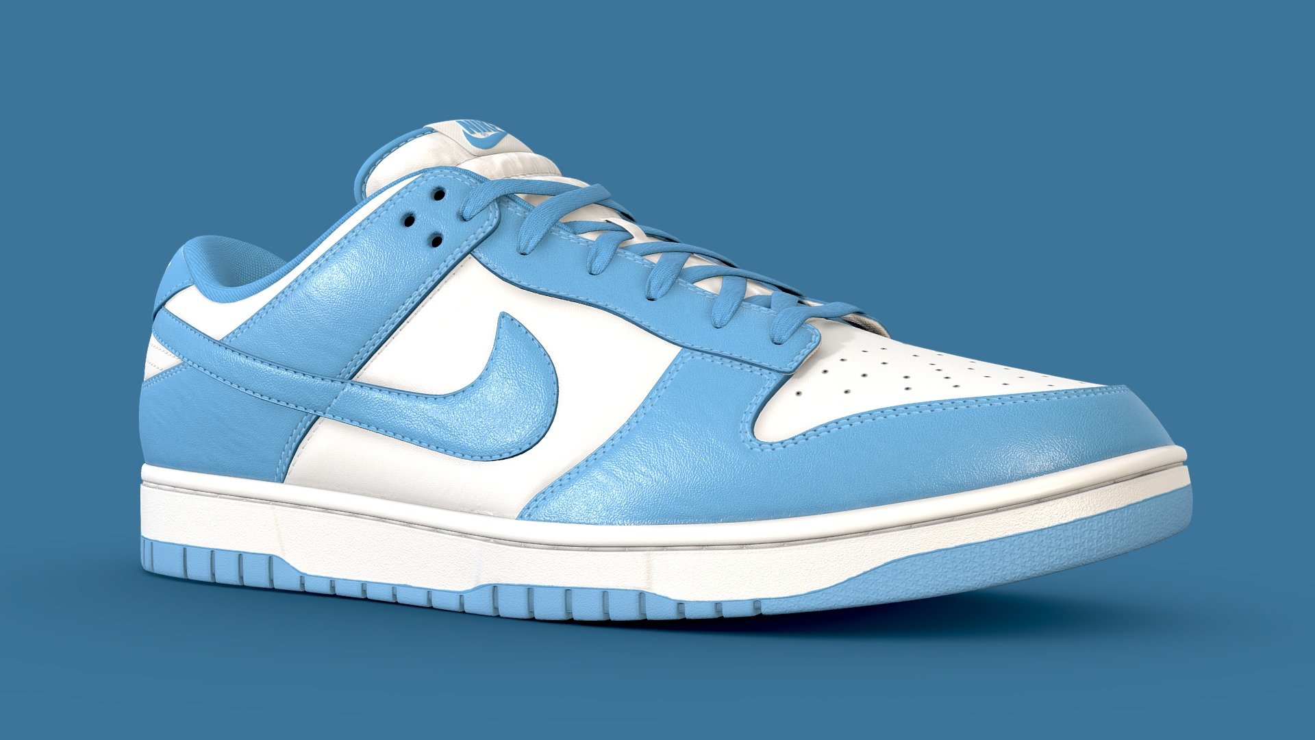 Nike Dunk Low in the UNC Colourway. Every detail was made in the recreation of this shoe, from the text on the medial side of the shoe to the subtlety of each material, nothing went overlooked. Stitches were sculpted by hand to achieve the highest quality

What's included


Blender file with linked textures
FBX and OBJ versions
OneMesh version
All 4k textures

Model Features

The upmost care went into crafting this model. As a result it is subdivision ready. The model was unwrapped with efficiency in mind. Both left and right shoes are mostly identical, save for logos and text that cannot be mirrored. As such the high detail version of the shoe uses 4 UV maps to cover both of the shoes, with the One mesh version using just the one UV map 3d model