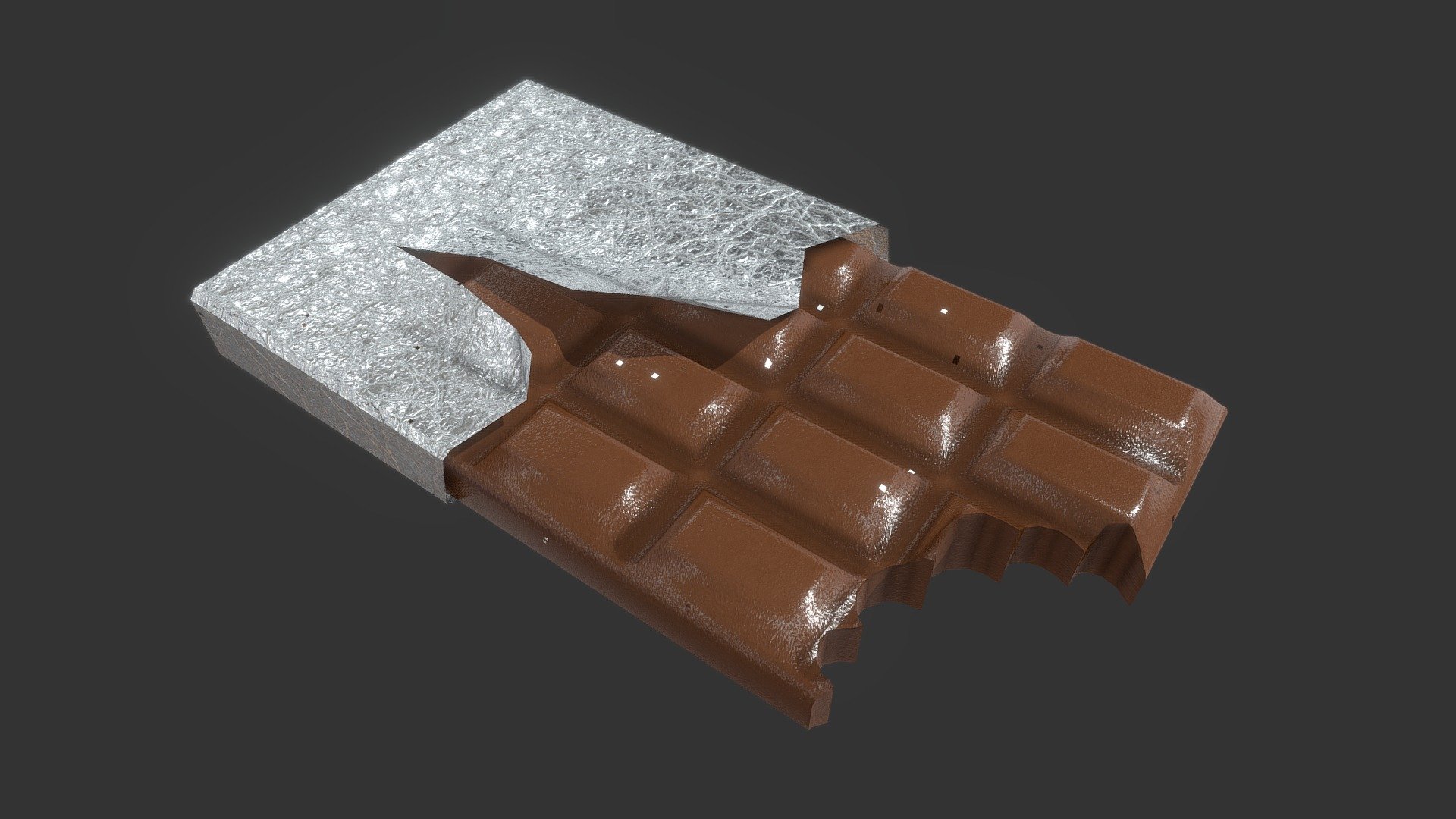 Lowpoly half-eaten chocolate bar with ripped tinfoil wrapper.
Could be on a table in a diner or interior scene 3d model