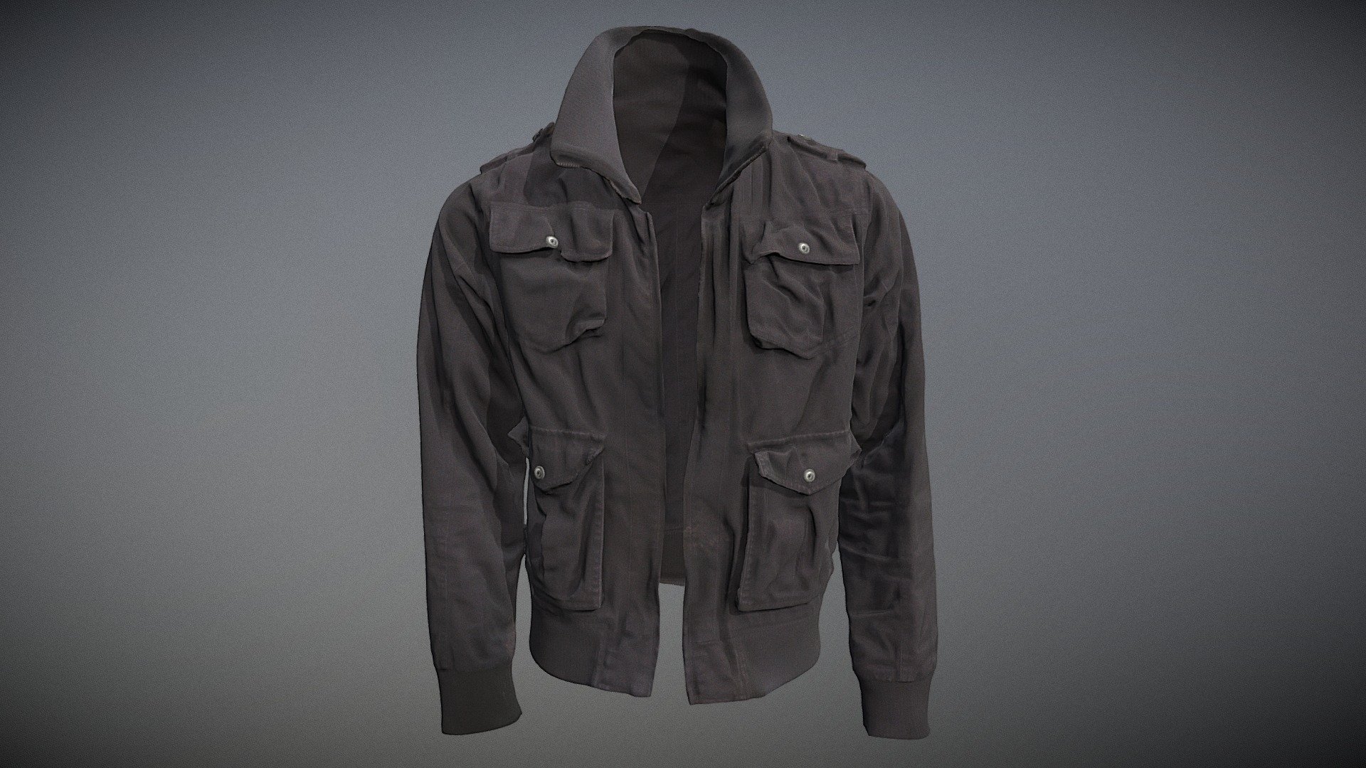 A black soft material jacket with the collar up. It has four pockets. Scanned with a handheld 3d model
