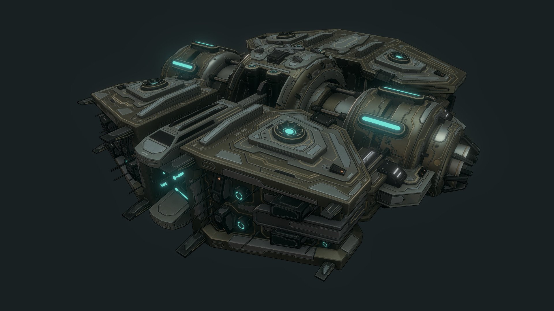 A new spaceship with a new texture approach. A mix of realistic texture and cel-shading to have a 2D/3D rendering.
Making of
The Terran Zerofighter is modeled on 3D Studio Max. Once finished, I duplicated the entire geometry, applied a flat black shader and added a thin thickness of 0.5 mm.
When the black envelope covers the entire ship, it suffices to invert the faces and make them visible only on one side (Backface cull). We obtain the inking around the volumes.

When the uv's are made to apply the textures, all you have to do is import it into 3D-Coat.
For the texture, I worked in shades of gray, purely 2D to draw everything I needed (plates, screws etc.)
All that remains is to apply clipping masks on the corresponding layers and add material, volume, etc.
The texture finished, I exported my different textures into a PBR Metalness/Roughness workflow which includes: albedo - metalness - roughness - normal - emissive 3d model