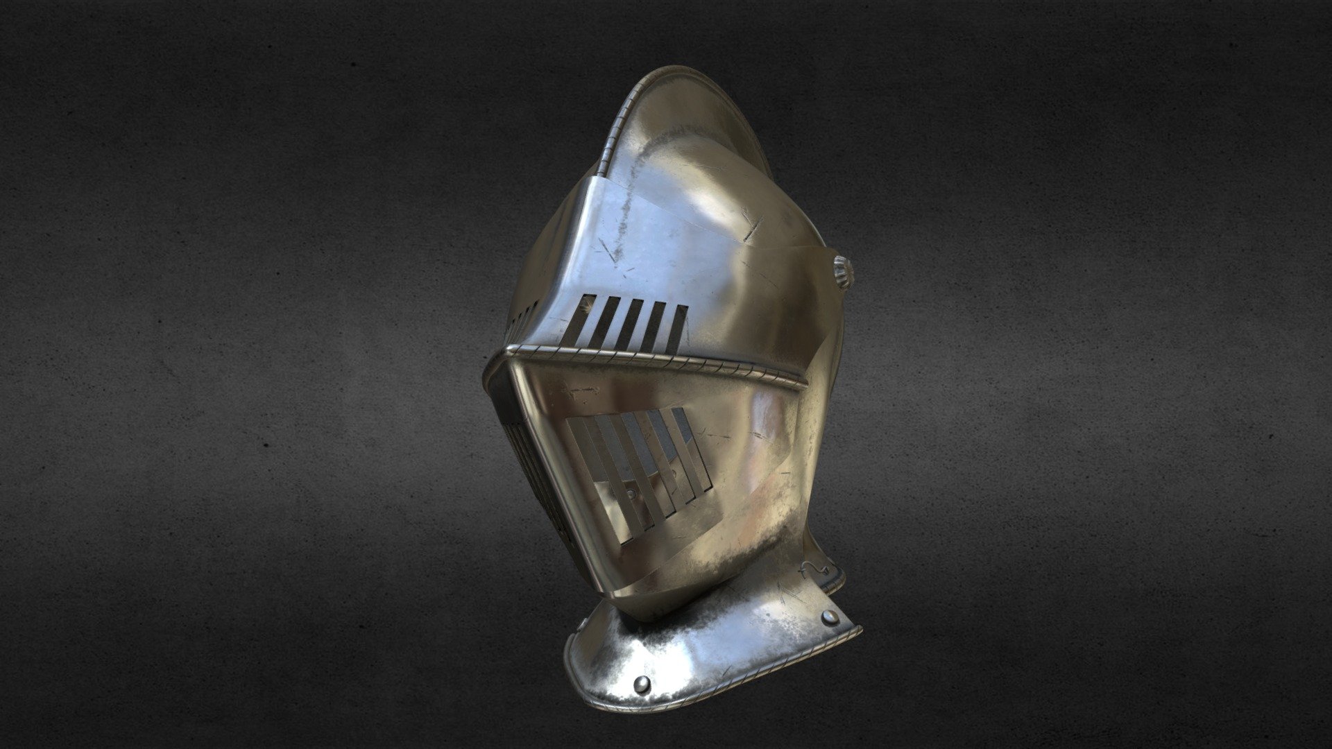 3D Model of Medieval Knight Armet Helmet with visor and ornaments. Used for tournaments or battlefields. Historical accuracy. Adapted to a sample human head with padded coif 3d model
