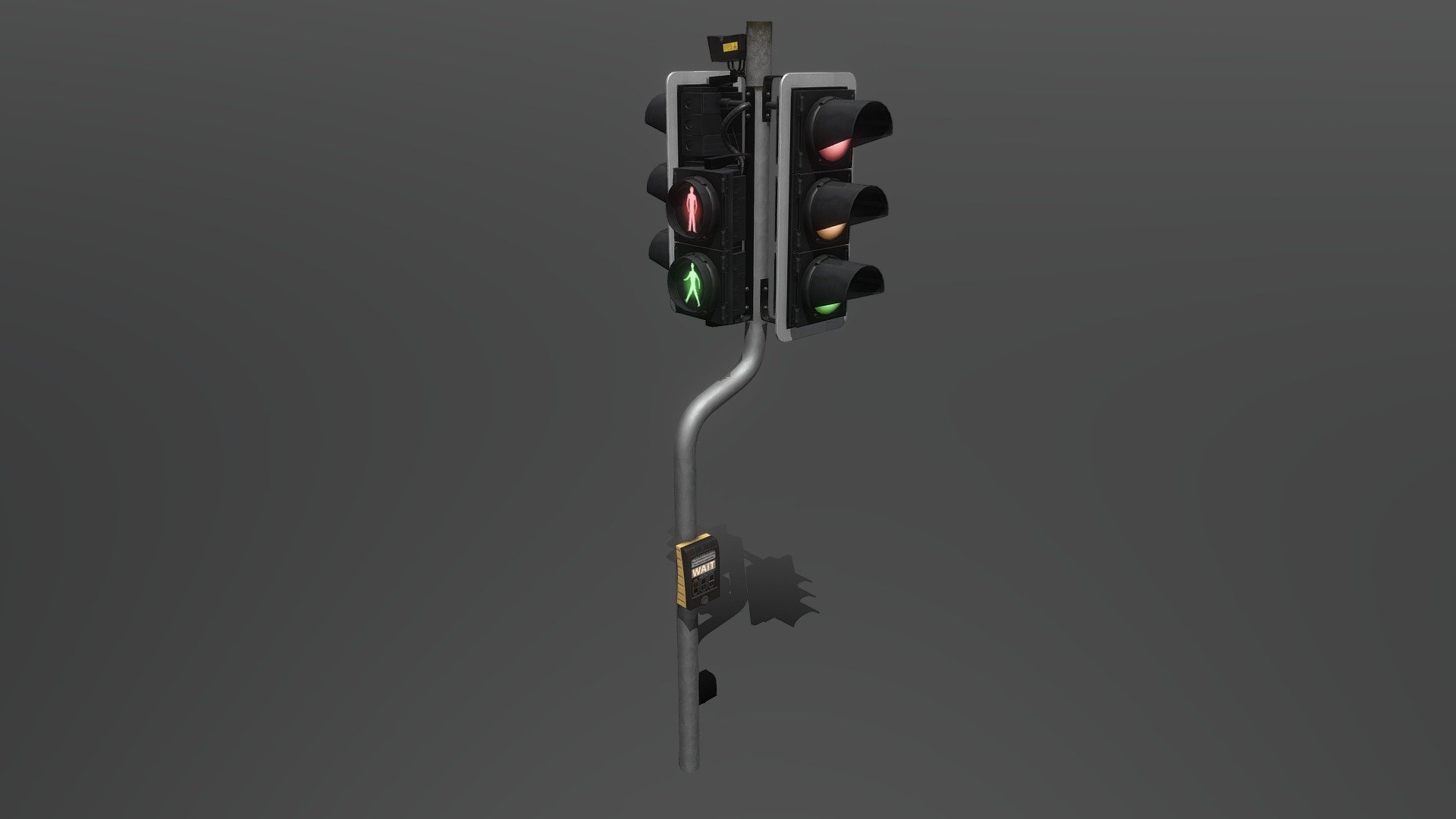 A set of traffic lights commonly found in the UK when at a pelican crossing point.

Part of a larger portfolio piece I’m working towards [coming soon] 3d model