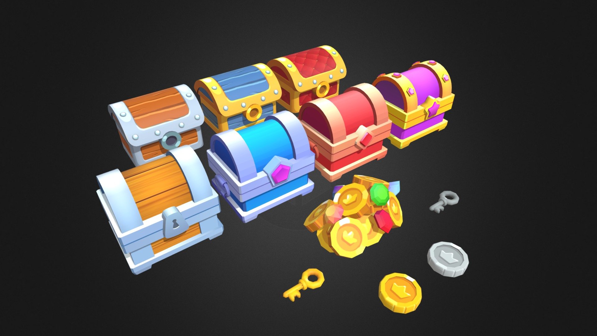 Stylized Casual Chests
Contains




Chests (7 variations)

Coins (silver and gold)

Keys (silver and gold)
 - Stylized Casual Chests - Buy Royalty Free 3D model by TheGameAssets 3d model
