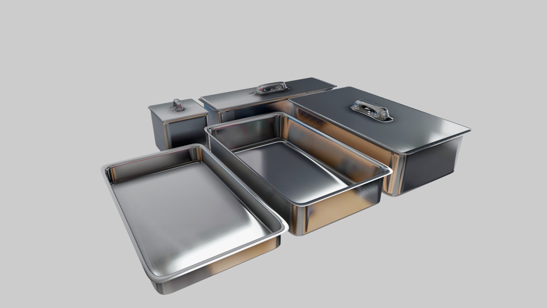 Set of aluminium tray with differents sizes. 
Types of trays used in professional kitchen and restaurants - Aluminum Tray - Buy Royalty Free 3D model by FractDesign - Huguet Rémi (@blendercreation) 3d model