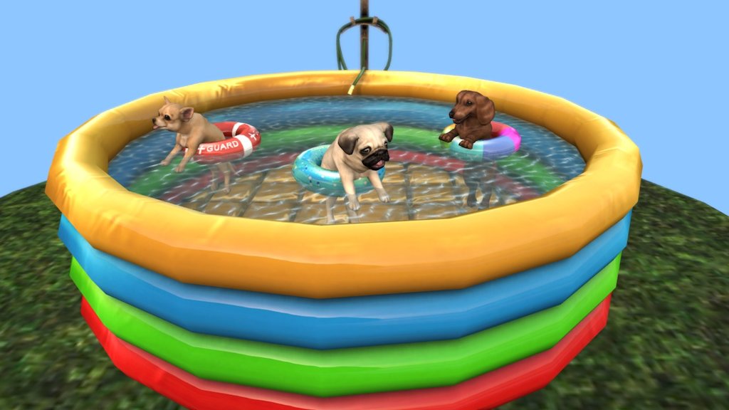 Pool party time for a gaggle of puppers of a variety of breeds!

Here we see a backyard scene with a blow-up pool filled with a hose where a chihuahua, pug and dachshund are all chilling out with their floaties.

All mesh modeled and textured by me, Kalia Firelyte.
Animals rigged and posed by Ashur Constantine.
Made for our Second Life brand, JIAN 3d model