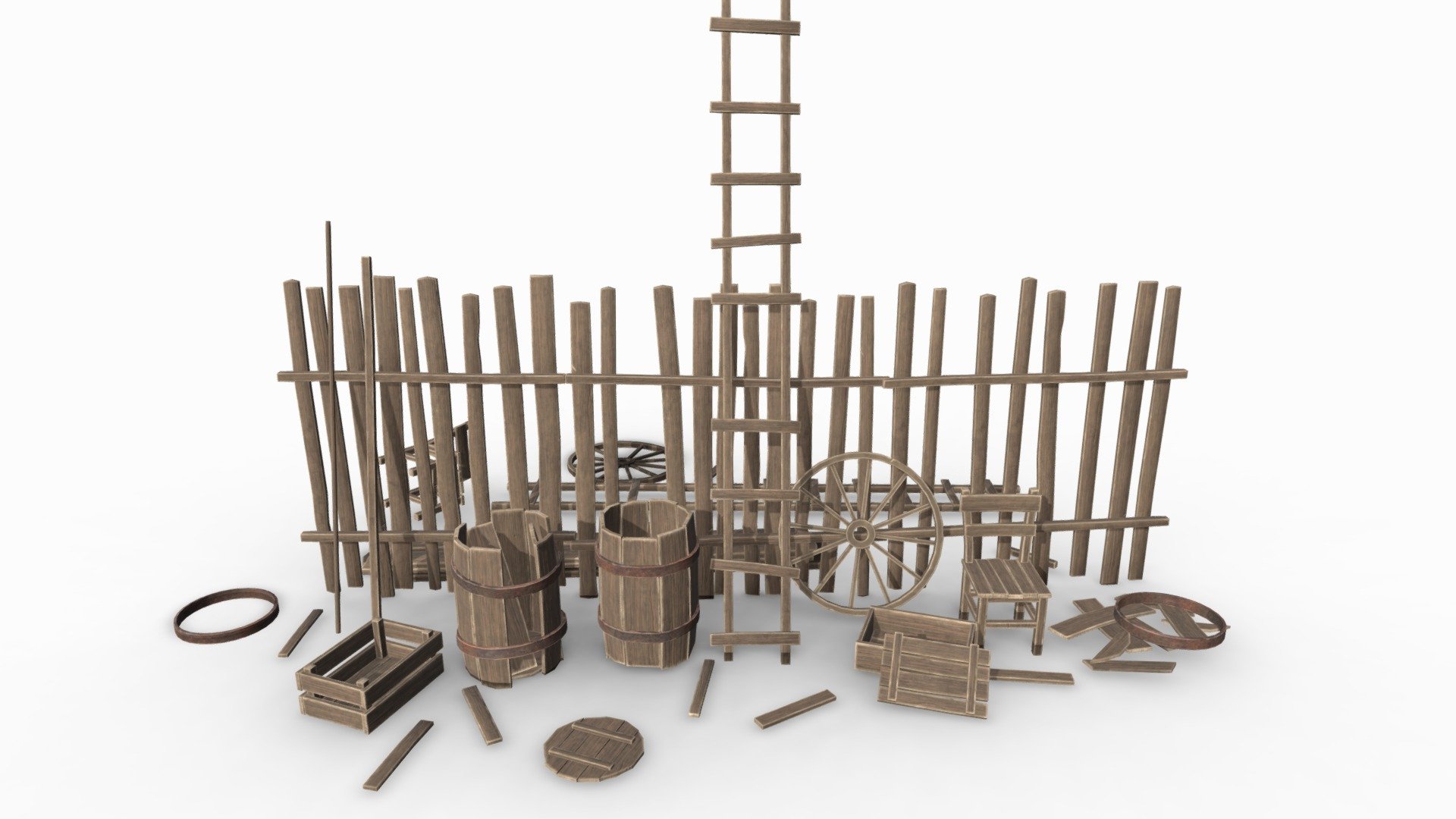 A collection of highly versatile medieval wooden props.Package contains 42 different objects : Box, barrel, wheel, chair, fence, ladder,wooden board. Low-poly construct model for gaming. Ideal for building assemblies in game engines.
You can easy shift position of props or copy them to create even bigger props within minutes. Very easy to modify. All materials and textures included. It's readily available to import in Unity3D and Ue4. The example scene through included in the package. 

1 Material, pbr textures 2048x2048 (Ambient occlusion, Base Color, Height, Normal, Roughness)

https://www.artstation.com/a/6869368 - Modular Wooden Props - 3D model by Crazy_8 (@korboleevd) 3d model