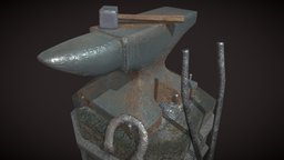 medieval anvil set piece stool, hammer, prop, medieval, obj, forge, blacksmith, anvil, iron, unrealengine4, substancepainter, blender, pbr, gameasset, wood, gameready