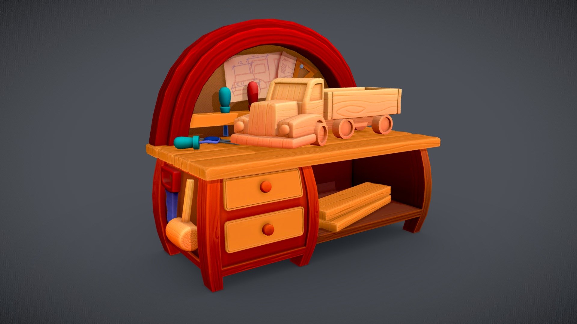 Stylized Wood Carving bench and freshly carved wooden toy truck. 
I am planning to animate the car soon as possible so stay tuned! - Wood Carving Bench - 3D model by CNRK 3d model