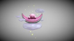 Kirby on a Watermelon slice (●◡●) fanart, cute, 3dart, clouds, cartoony, stars, kirby, watermelon, cartoony-character, cute_character, unity, 3d, 3dmodel, kirbyfanart