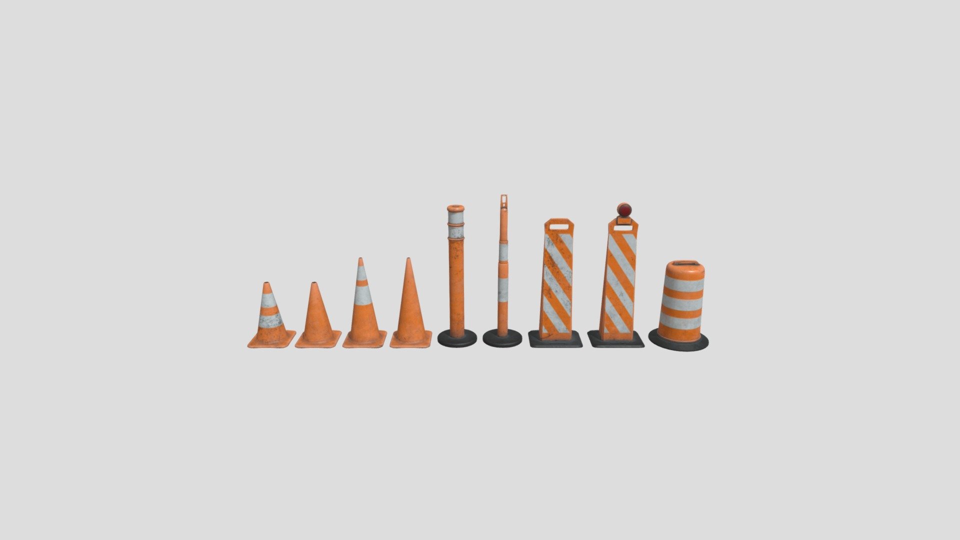 This Traffic Cone kit contains the following:

4 Small Cones
2 Tall Skinny Cones
2 Tall Square Cones
1 Large Cones
-Small cone 4k Textures -Large cone 4k Textures

The following models are UV unwrapped with according vertex colors for future texturing if that interests you 3d model