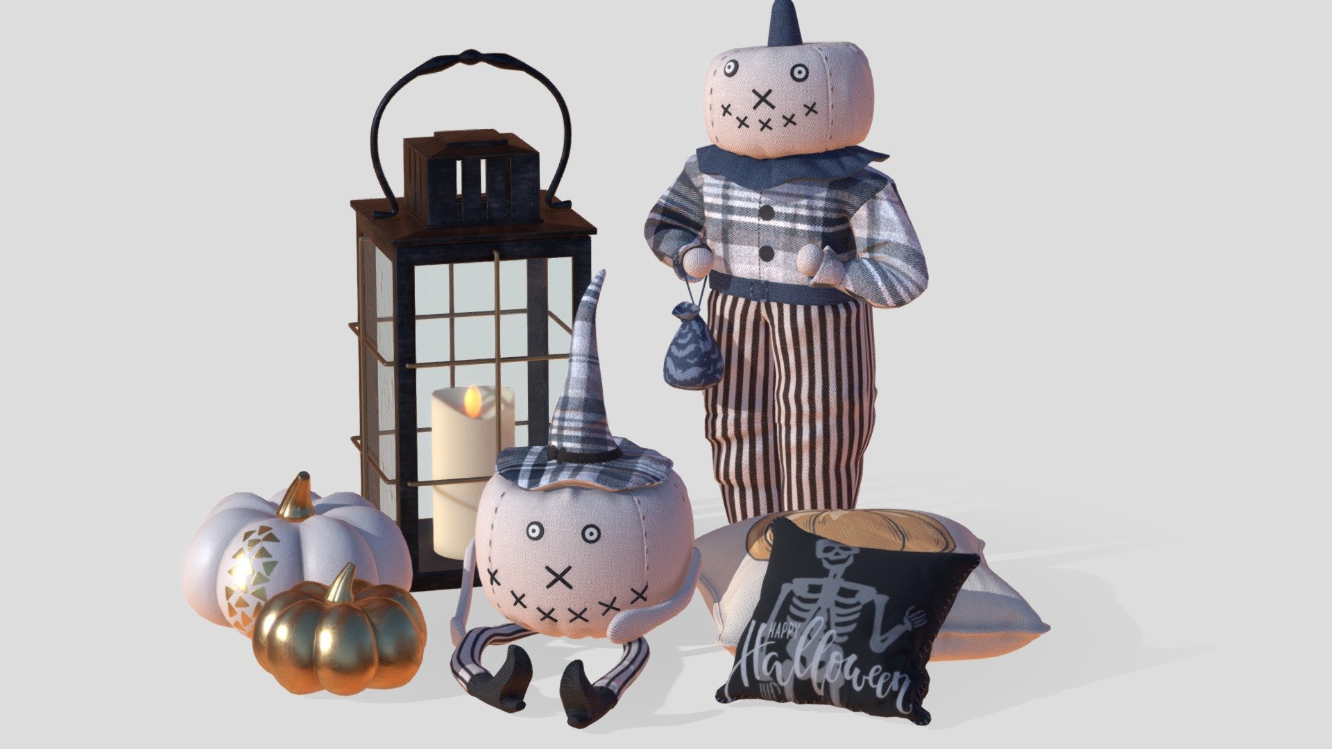 The Halloween decorative set consists of all the elements that can be seen in the render: a lantern with LED candles, two pillows, 2 pumpkins, 2 toys
For interior visualization
Materials Vray

In the archive:
file 3dsMax2018_vray, 3dsMax2016_vray, fbx, obj
PBR 2k textures - Albedo, Normal, Roughness, Metallic - Halloween_set - 3D model by Saniodesign 3d model