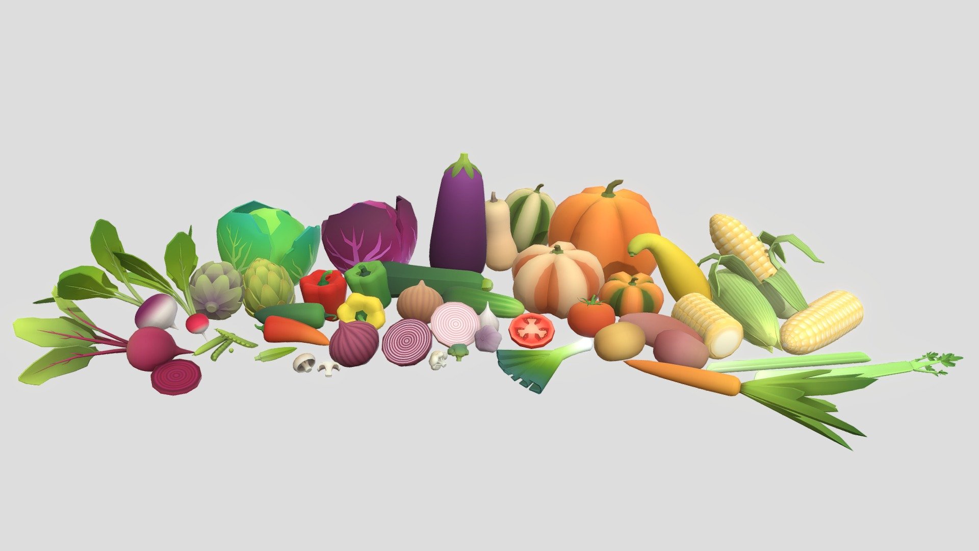This is a stylized collection of vegetables (and some fruit) that can be used in anything from low-poly mobile games to graphic design. Models range from 200 tris/100 faces to the largest model being 3000 tris/1500 faces. Model scale is in centimeters. Texture is a single 1024 x 1024 palette map that all models share, avaliable in PNG, JPEG, and Targa.

This pack contains:

28 Vegetables:




Artichoke (green/purple)

Beet

Bell Pepper (red/yellow/green)

Broccoli

Butternut Squash

Cabbage (green/red)

Carrot

Cauliflower

Celery

Corn

Crookneck Squash

Cucumber

Eggplant

Fresno Pepper

Garlic (white/purple)

Jalapeno Pepper

Leek

Mushroom

Okra

Onion (yellow/red)

Pea

Potato (brown/purple)

Pumpkin (orange/striped)

Radish

Sweet Potato

Tomato

Turnip

Zucchini

50 Meshs:




38 Whole Vegetables

3 Halves

3 Slices

6 Other

1 Texture map - Low Poly Vegetables - Buy Royalty Free 3D model by erf-3Dmodels 3d model
