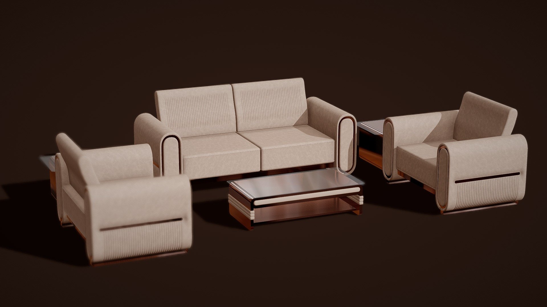 Thats a Sofa Set 04.
It includes 2 types of Sitting place &amp; 2 types of table. 
They can be rearranged to match the surroundings 3d model