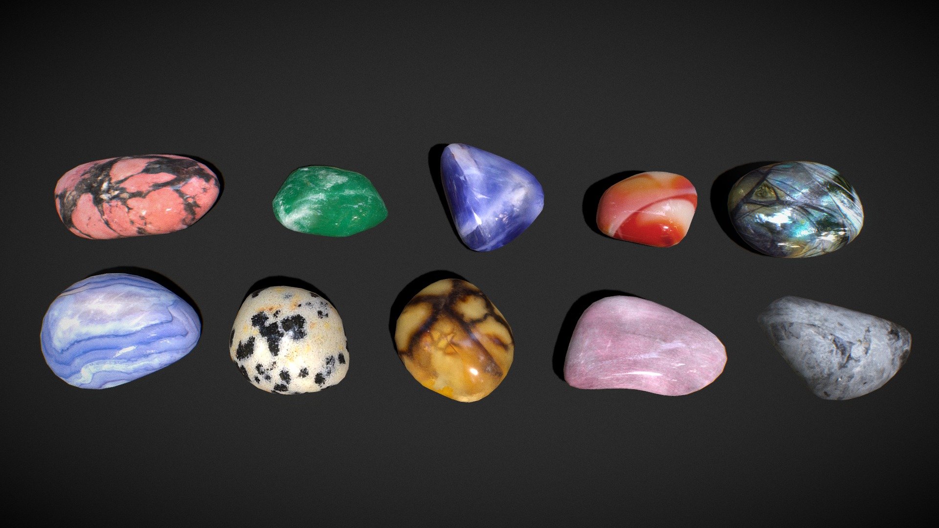 Polished Gemstones / Tumbled Minerals - low poly​ pack

Triangles: 7.1k Vertices: 3.6k

4096x4096 PNG texture




Rhodonite Stone

Green Aventurine

Sodalite Stone

Carnelian Stone

Labradorite Stone

Blue Lace Agate

Dalmatian Stone

Septarian Stone

Rose Quartz

Clear Quartz
 - Polished Gemstones / Tumbled Minerals - low poly - Buy Royalty Free 3D model by Karolina Renkiewicz (@KarolinaRenkiewicz) 3d model