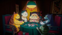 Cats playing poker card, cats, play, holiday, traditional, kitten, vietnam, cel-shading, poker, substancepainter, stylized, lunarnewyear