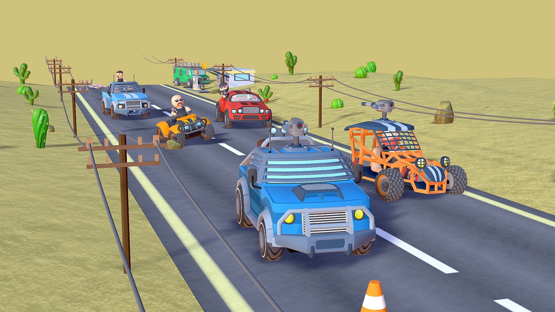 Highway Attack asset pack includes an atv, a buggy, a muscle cari a pickup truck and a van. The pack has a enemy gang and player crew. 

Player fights of enemies using turrets mounted on cars and with riders. The game is set in a desert environment, includingi electric poles and occasional buildings 3d model