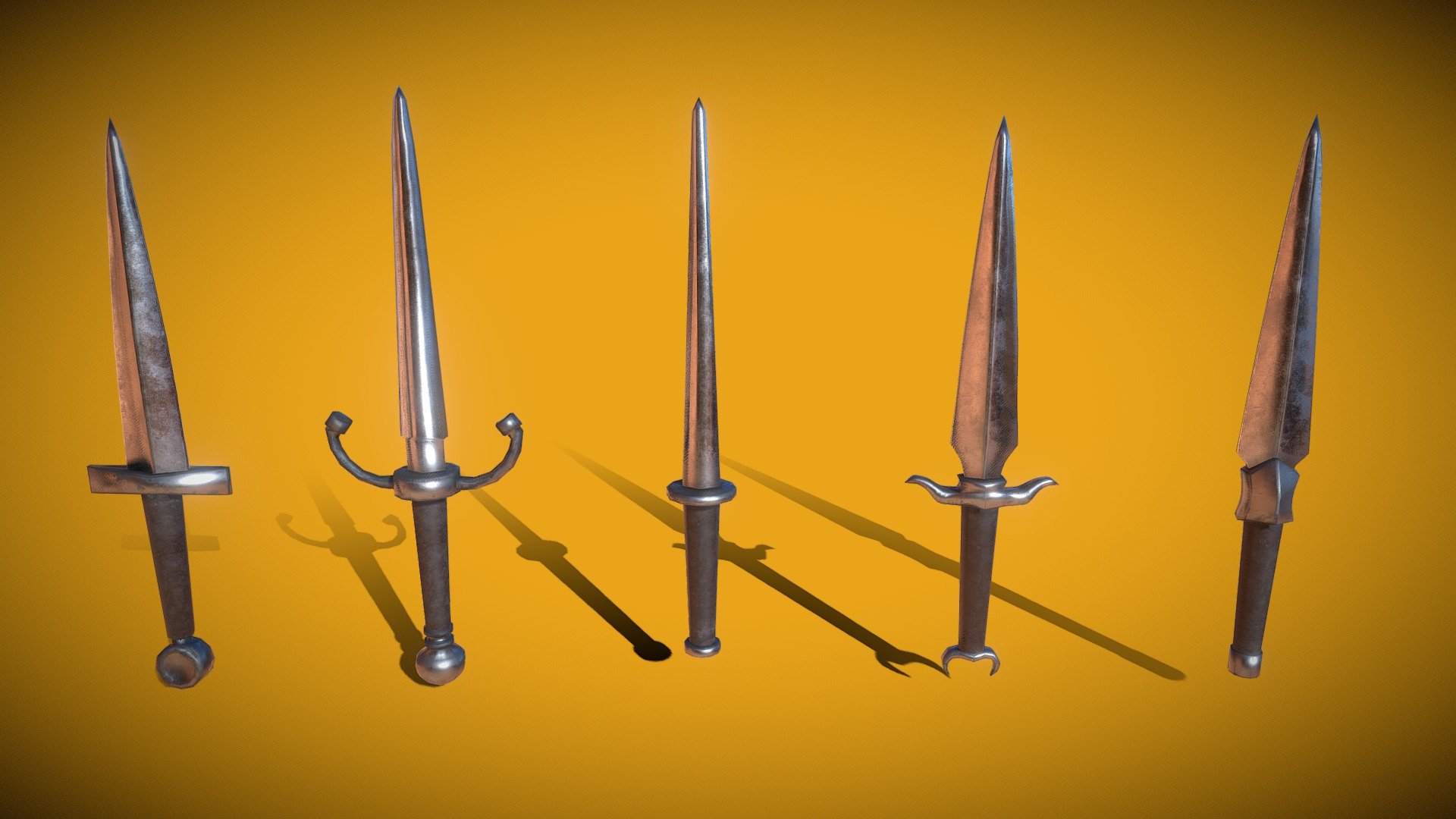Real World medieval daggers with a realistic look.

CONTENTS:

5 meshes




mesh_medieval_dagger_01 (232 faces, 229 vertices, 456 edges)

mesh_medieval_dagger_02 (448 faces, 447 vertices, 888 edges)

mesh_medieval_dagger_03 (144 faces, 135 vertices, 274 edges)

mesh_medieval_dagger_04 (460 faces, 473 vertices, 928 edges)

mesh_medieval_dagger_05 (252 faces, 253 vertices, 500 edges)

5 materials




m_realworld_medieval_dagger_01

m_realworld_medieval_dagger_02

m_realworld_medieval_dagger_03

m_realworld_medieval_dagger_04

m_realworld_medieval_dagger_05

5 textures per model for standard




_BaseColor

_Height

_Metallic

_Roughness

_Normal

5 textures per model for Blender




_BaseColor

_Displacement

_Metallic

_Roughness

_Normal

3 textures per model for Unity URP




_AlbedoTransparency

_MetallicSmoothness

_Normal

3 textures per model for Unity HDRP




_BaseMap

_MaskMap

_Normal
 - Real World - Medieval Daggers - Buy Royalty Free 3D model by silverdelivery 3d model
