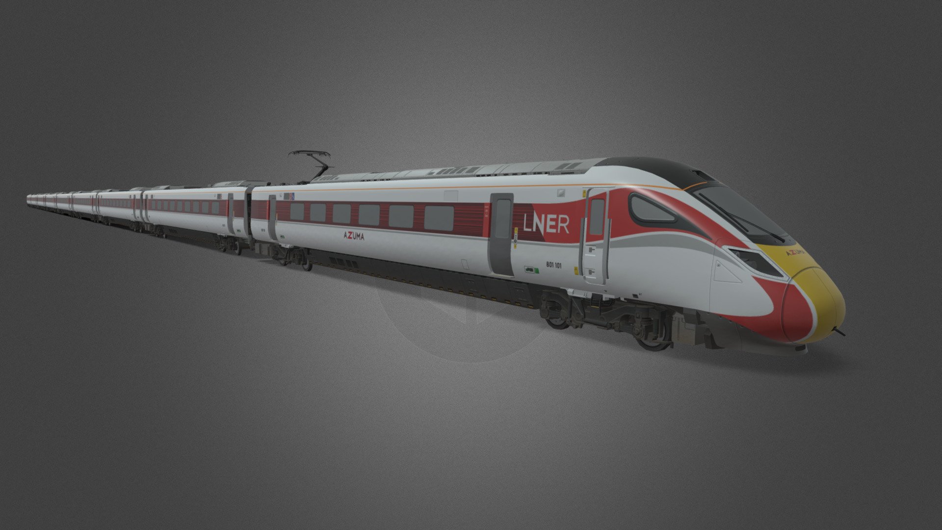 The British Rail Class 800 Intercity Express Train or Azuma is a type of bi-mode multiple unit train built by Hitachi for Great Western Railway and London North Eastern Railway. The type uses electric motors powered from overhead electric wires for traction, but also has diesel generators to enable trains to operate on unelectrified track. Based on the Hitachi A-train design, the trains were built by Hitachi between 2014 and 2018.

This model was originally made as an asset for the game Cities: Skylines. There are some minor simplifications to the texture and model to keep it optimised for the game.

This model includes a 9-car variant of the Class 800, with 8 unique trailer models

Available formats: Wavefront OBJ (.obj), Autodesk FBX (.fbx), STL (.stl)

Polygon count: 58,048 Vertex count: 95,936

Model made in Blender 3.0 - British Rail Class 800 - LNER Livery - Buy Royalty Free 3D model by Nostrix 3d model