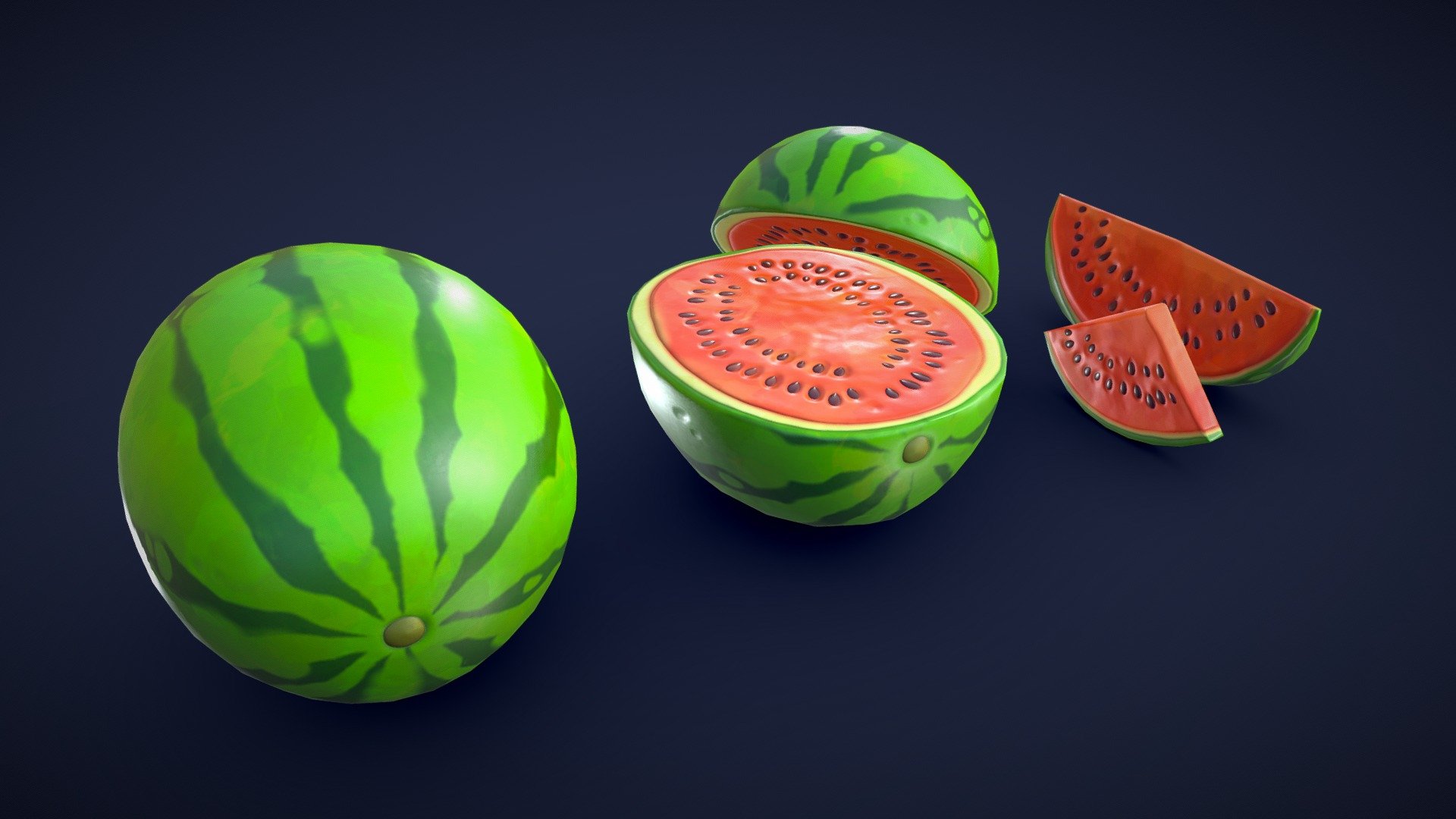 This asset pack contains 5 different watermelon meshes. Whether you need some fresh ingredients for a cooking game or some colorful props for a supermarket scene, this 3D stylized watermelon asset pack has you covered! 🍉

Model information:




Optimized low-poly assets for real-time usage.

Optimized and clean UV mapping.

2K and 4K textures for the assets are included.

Compatible with Unreal Engine, Unity and similar engines.

All assets are included in a separate file as well.
 - Stylized Watermelon - Low Poly - Buy Royalty Free 3D model by Lars Korden (@Lark.Art) 3d model