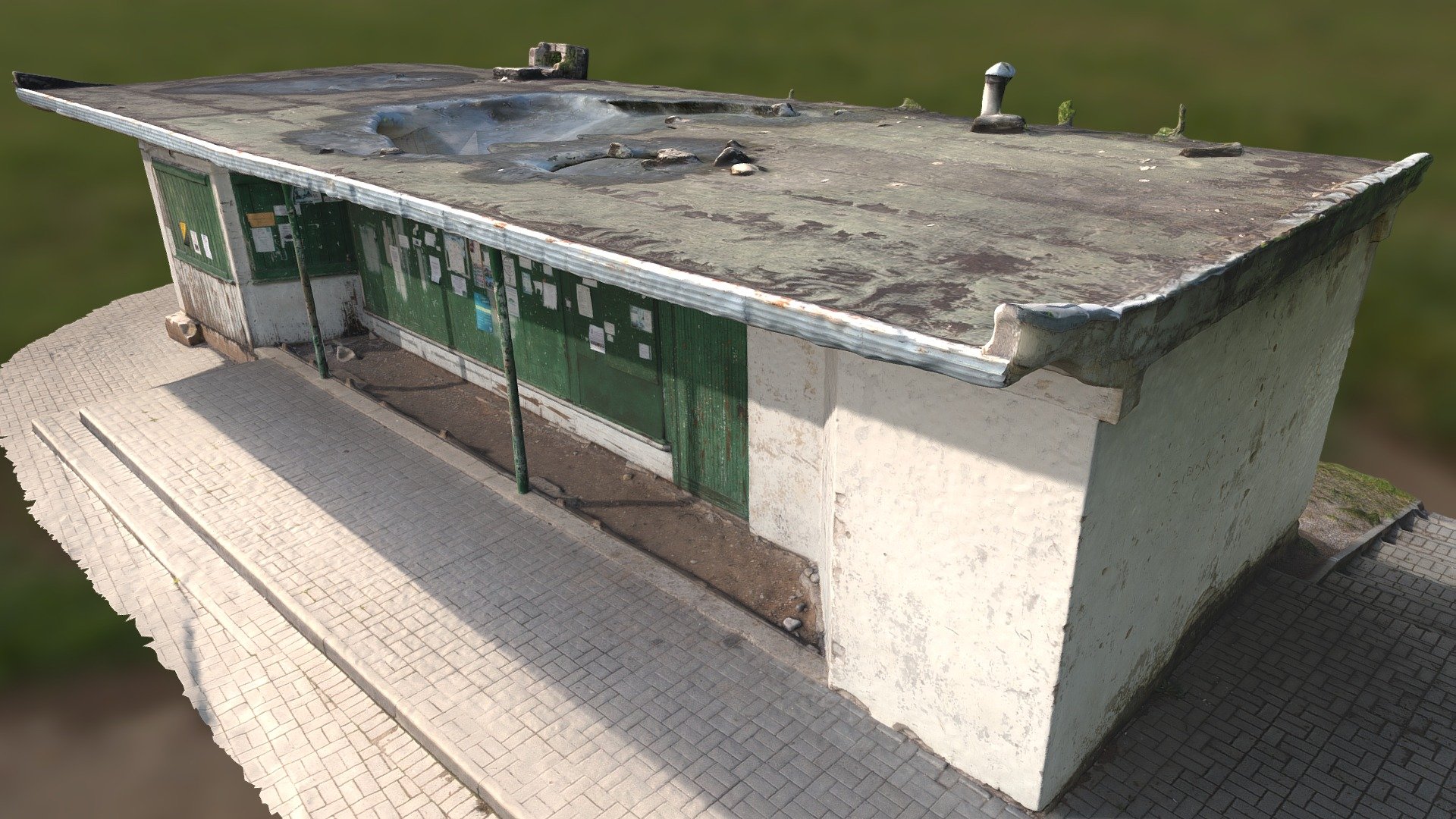 Old, derelict bus stop 3D scan.
Old doors with chipped paint.
Chipped paint on walls.
Grafitti on walls 3d model