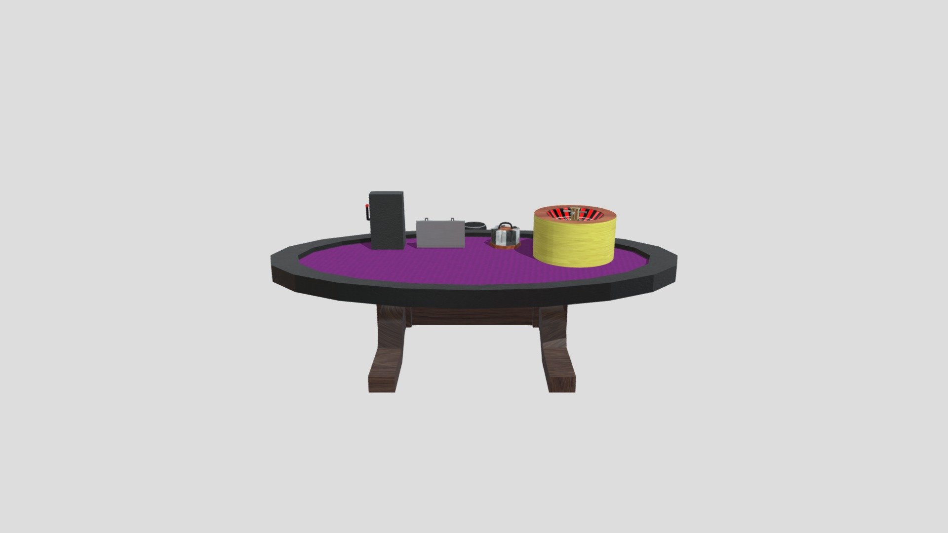 Six basic props that are casino themed. There is a poker table, a roulette board, a rotating chip holder, a chip case, a toy slot machine, and a sliding stool - Spicer_CasinoProps - Download Free 3D model by dsspicer 3d model
