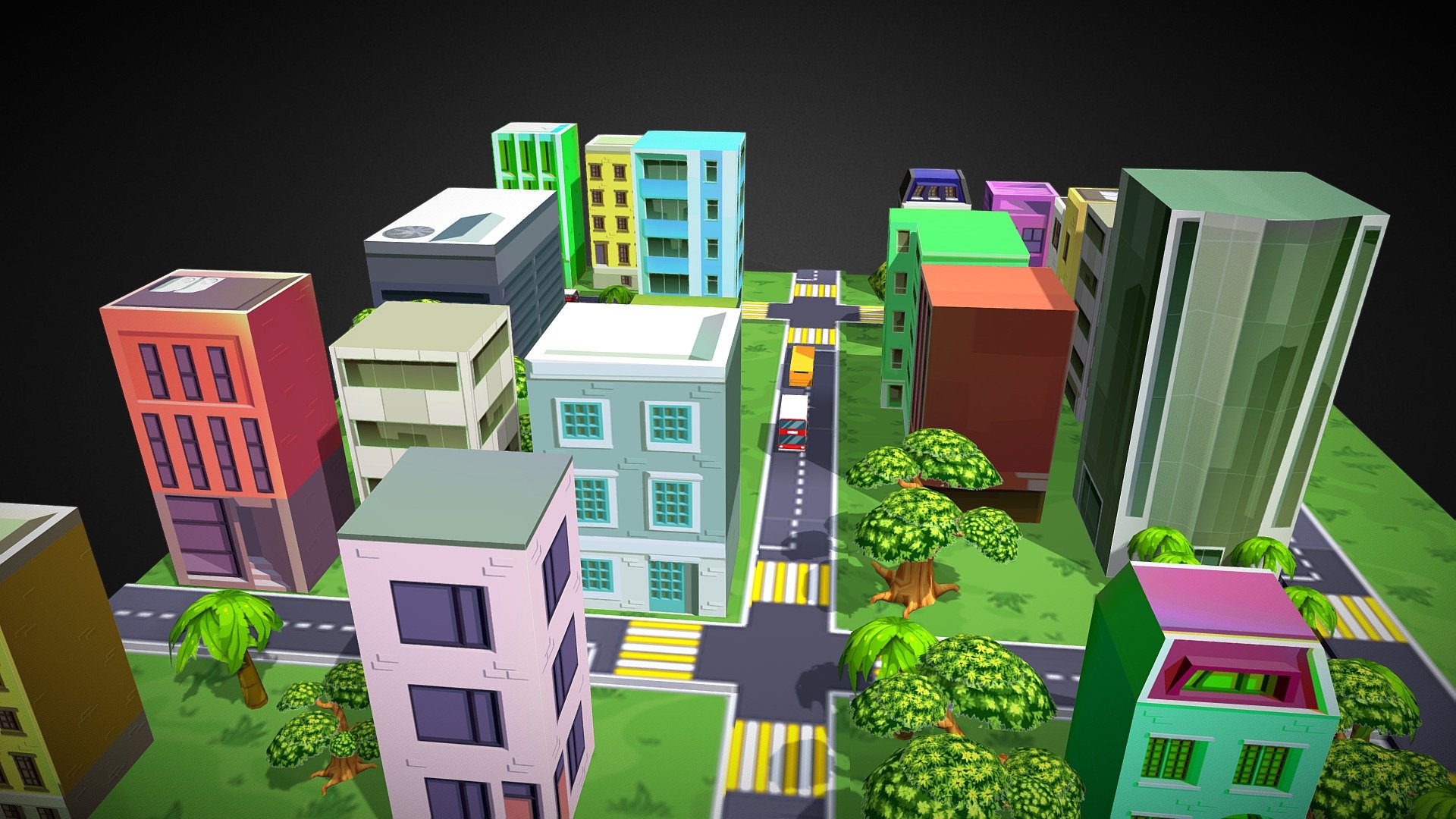 This low poly city is created with 20 building and 2 bus and 4 types of tree. This asset are created for Causal Game. For game optimization used only texture materials  (total 3) 3d model
