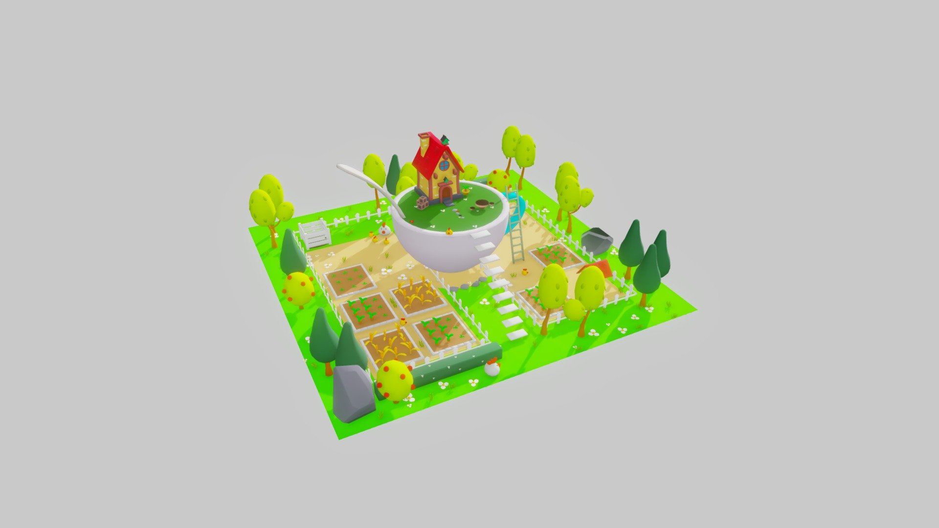 This simple stylized 3D scene is perfect for game developers and project creators looking for a compact, yet visually appealing environment. The scene is set with stylized objects filled with vibrant colors, including grasses, rocks, trees, well, teacup, house and a flock of chickens. The scene features a simple, yet elegant art style, which allows developers to easily customize it to fit the specific needs of their project.  With its compact size and charming aesthetic, this scene is the perfect starting point for a variety of game development projects.

Get more models here
https://voxelcubes.com

Keep up-to-date with our releases
https://www.youtube.com/@voxelcubesstudios

Check out our renders
https://www.artstation.com/voxelcubes - Teacup House - Download Free 3D model by Voxelcubes Studios (@voxelcubes) 3d model