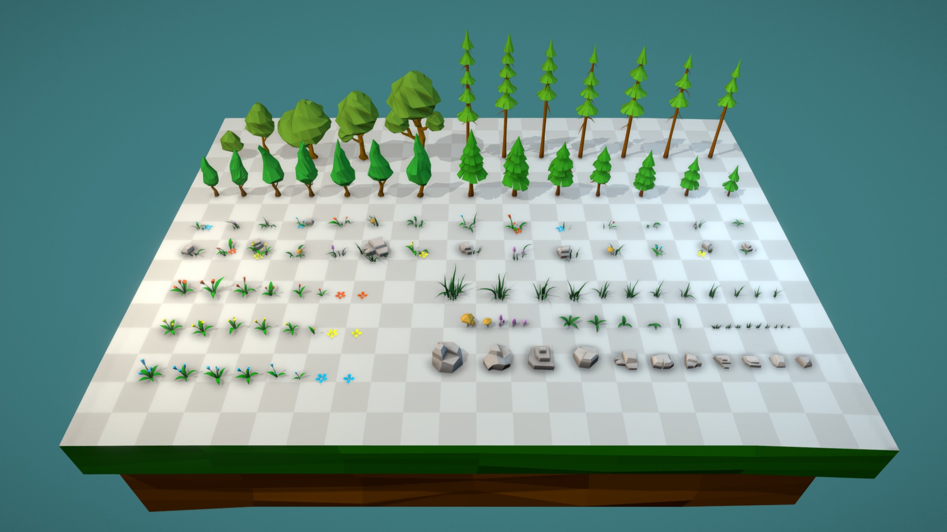 Low poly forest assets pack, ready for games. This models pack has everything you need to create a stylized forest. All assets are created in a low poly art style, which essentially doesn't require any textures. The material setups are simple and you are able to customize them easily! 

Includes: 
-   26 Trees;
-   24 Flowers;
-   26 Grass;
-   11 Rocks;
-   5 Mushroom;
-   28 Mixed Elements.

22 materials are used in the scene.

Additional formats: fbx, obj, 3ds, blend, max, unitypackage.

I hope you will enjoy my product! - Trees Flowers And Rocks - 3D model by Maksim Batyrev (@c3posw01) 3d model