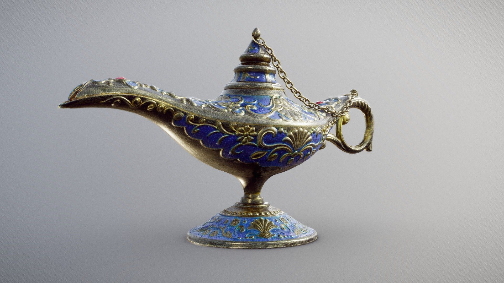 Decorative Aladdin Magic Lamp 

Classic Aladdin Magic Genie Lamp. Gold plated Zinc with blue accent and red Rubbies.

20.6 x 7.2 x 11.1 cm (14 micrometers per texel @ 8k)

Scanned using advanced technology developed by inciprocal Inc. that enables highly photo-realistic reproduction of real-world products in virtual environments. Our hardware and software technology combines advanced photometry, structured light, photogrammtery and light fields to capture and generate accurate material representations from tens of thousands of images targeting real-time and offline path-traced PBR compatible renderers.

Zip file includes low-poly OBJ mesh (in meters) with a set of 8k PBR textures compressed with lossless JPEG (no chroma sub-sampling) 3d model