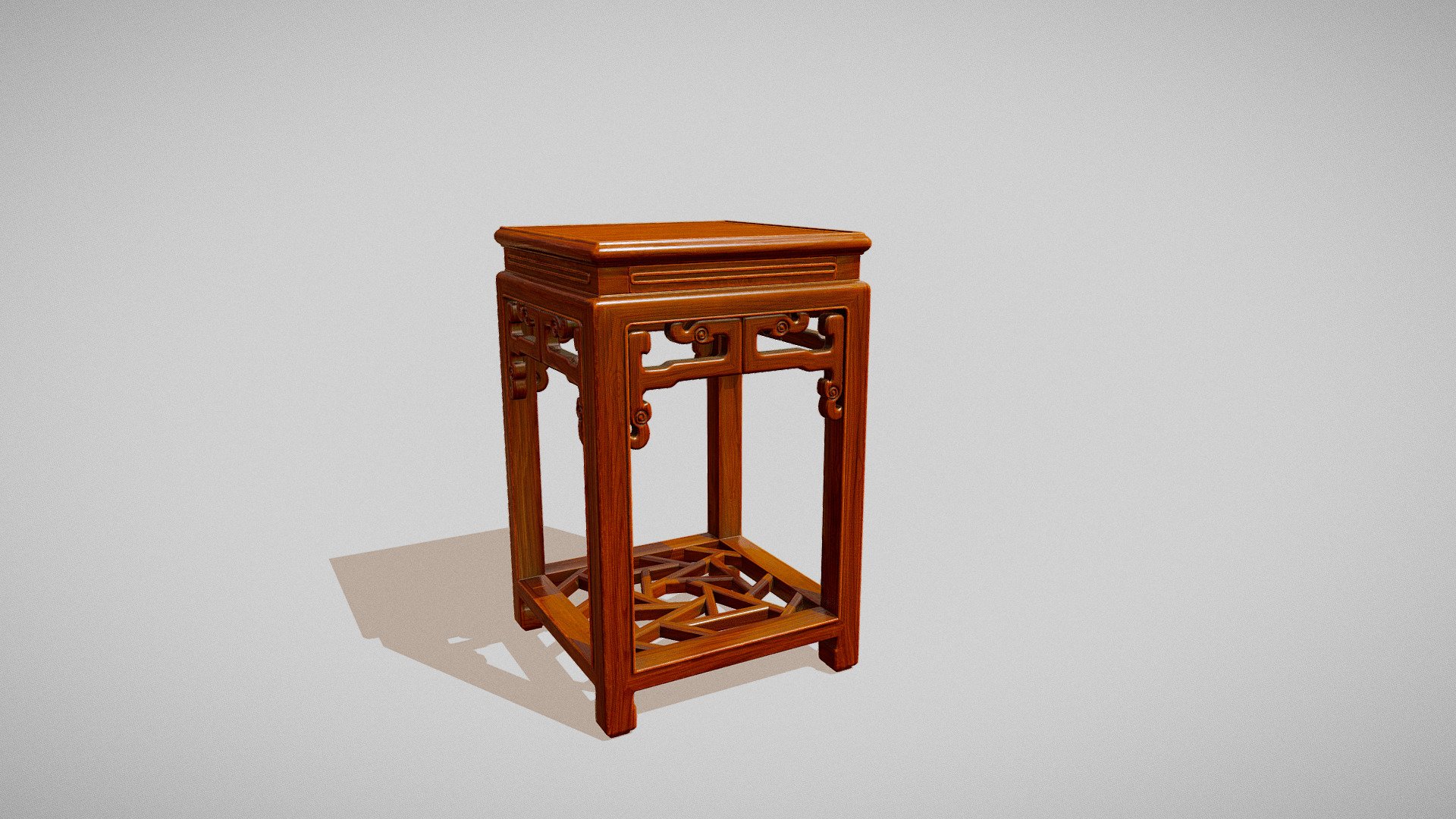 This 3D model of Chinese flower stand inspirated from Chinese Flower Stand from Jiangsu - Early 20thC.This style of table has a concealed draweris and also known as a tea table and often came in pairs. A pair of these make ideal bedside tables or lamp tables besides a sofa and are very functional pieces in a small apartment, used behind a sofa or in pairs each side of a mantel piece

Dimension

Width = 510 mm
Depth = 503 mm
Height = 800 mm

Polygon = 20.886
Vertices = 20.922

Use PBR material 
UV maps non overlapping - Chinese Flower Stand - 3D model by amri3dstudio 3d model