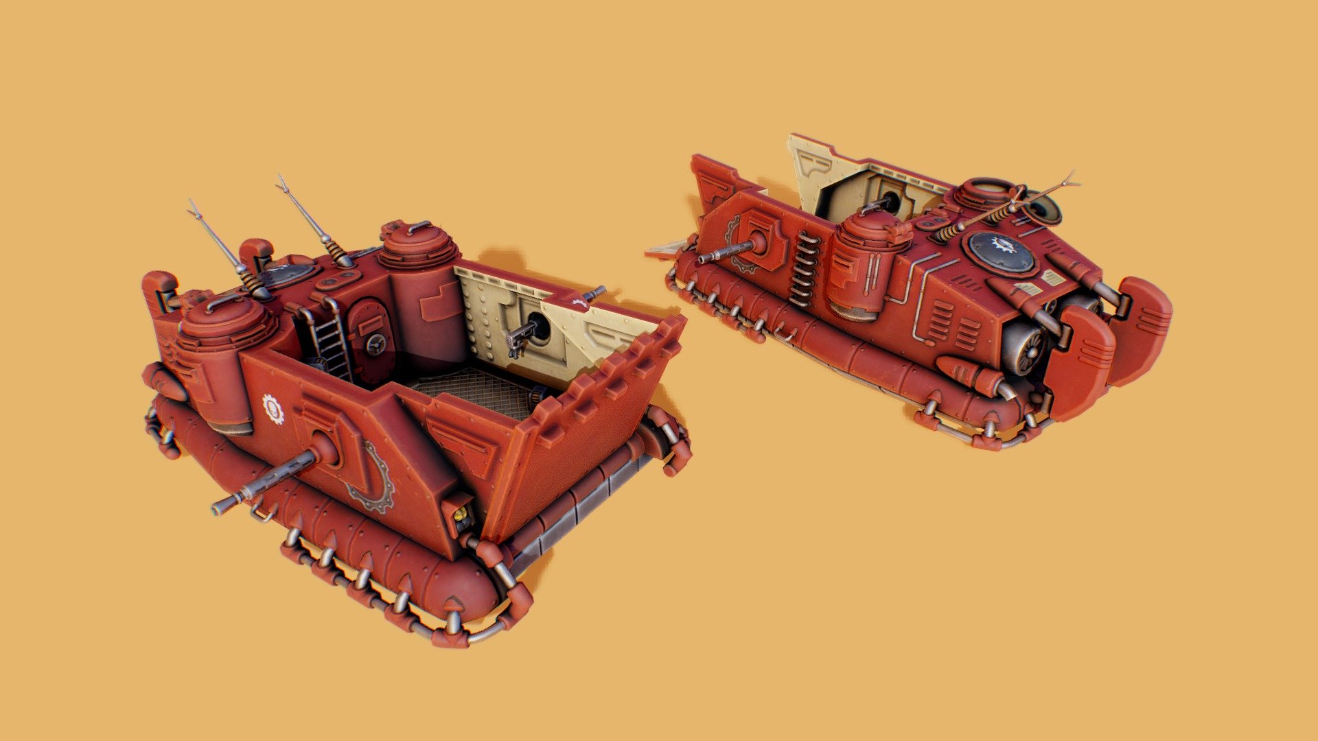 3d model I've been working on during my free time over a few months. The model is a vehicle from the adeptus mecanicus faction from W40k, I've been collecting these figurines for a while so I decided to try and make one myself. this time I decided to bake normal in substance painter to make the model more game ready. Managed to make a 3d print out of the high poly version too, I'll probably post about it on artstation when I finish painting it! a .blend file with the high poly meshes splitted for a 12x6cm printer and more are available in the .zip file if you want to purchase this model 3d model