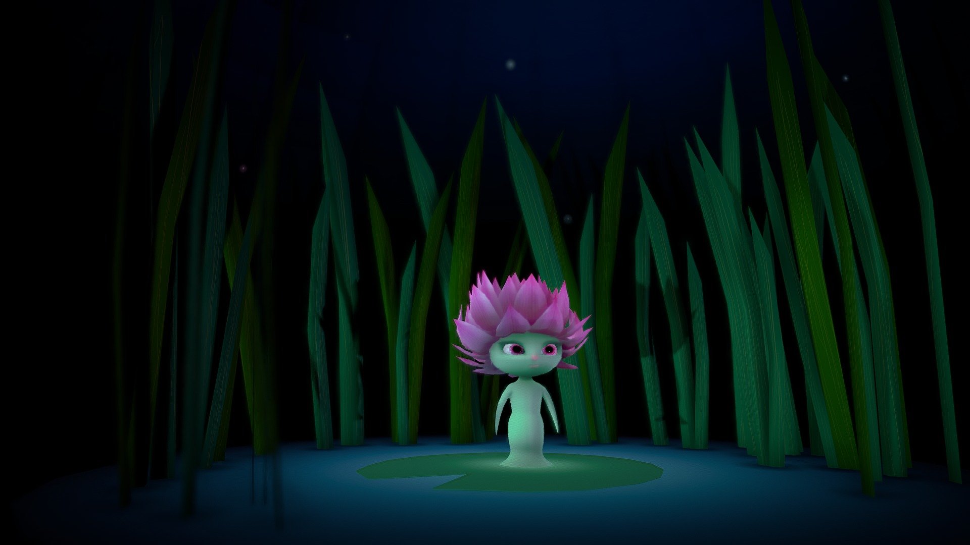 A little personal project. A Waterlilly or Lotus Fairy/ gnome at night. 
Low-poly and real-time ready.
The idle animation was just quickly done to give the scene a bit more life. Might add more later.

I am still a bloody beginner to rigging. (this is actually the third creature I've rigged so far. It's pretty frustrating, but I assume there'll be a better understanding of the whole technical process with every rig&hellip;(at least I hope so :'D ) - Water Lilly - 3D model by Ray (@rayro) 3d model