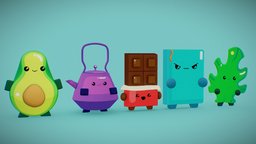 Stylized low poly characters teapot, player, leaf, chocolate, avocado, stylizedcharacter, character, book, lowpoly, characterdesign