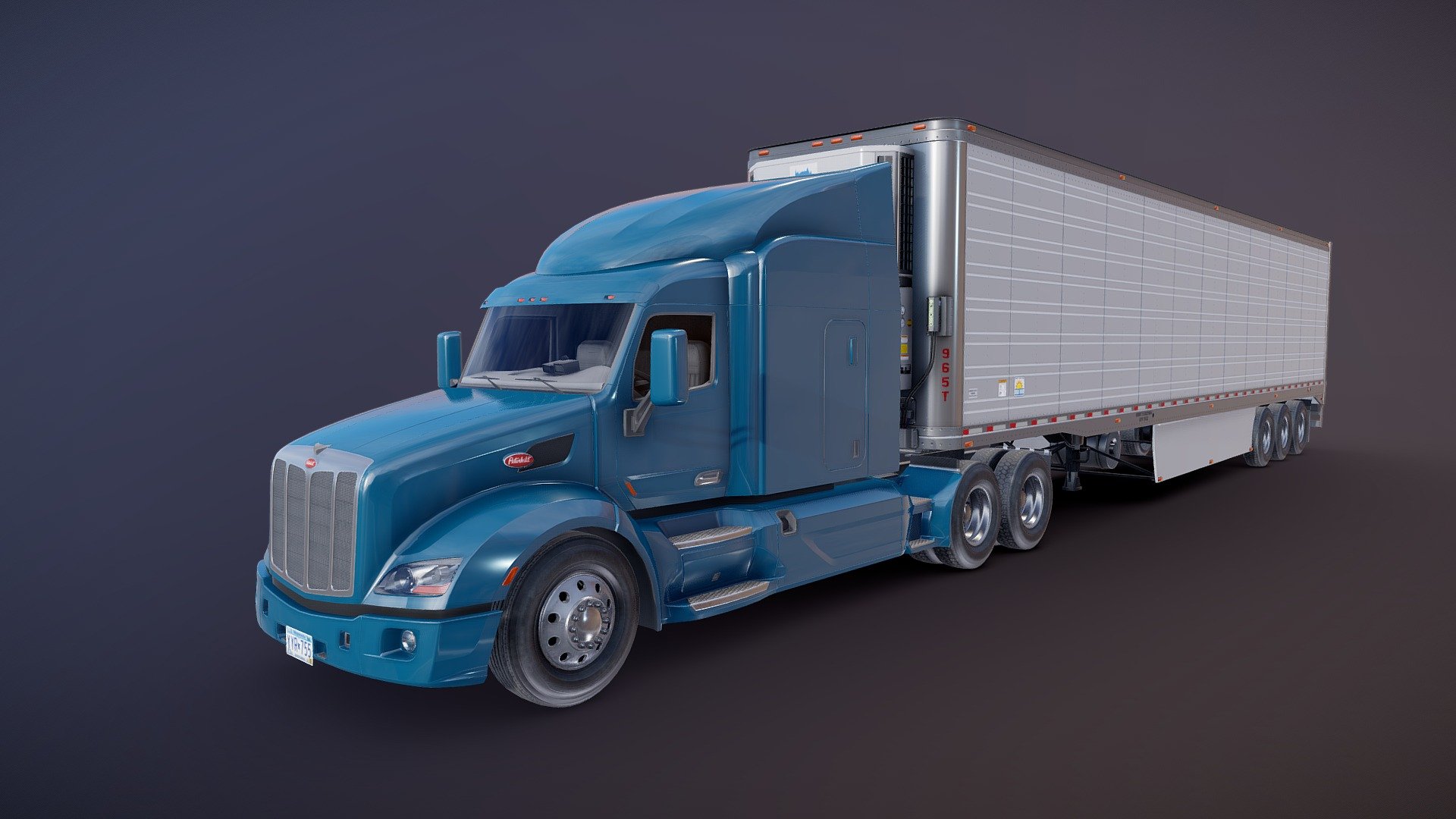 Peterbilt 579 truck game ready model.

Full textured model with clean topology.

High accuracy exterior model

Different tires for rear and front wheels.

Different wheels for rig and van trailer.

High detailed cabin - seams, rivets, chrome parts, wipers and etc.

Lowpoly interior - 2389 tris 1492 verts.

Wheels - 20774 tris 11352 verts.

Full model - 116614 tris 66671 verts.

High detailed rims and tires, with PBR maps(Base_Color/Metallic/Normal/Roughness.png2048x2048 )

Original scale.

Truck size

Lenght 9.8m , width 3.3m , height 4.5m.

Full size

Lenght 25m , width 3.3m , height 5.1m.

Model ready for real-time apps, games, virtual reality and augmented reality.

Asset looks accuracy and realistic and become a good part of your project 3d model