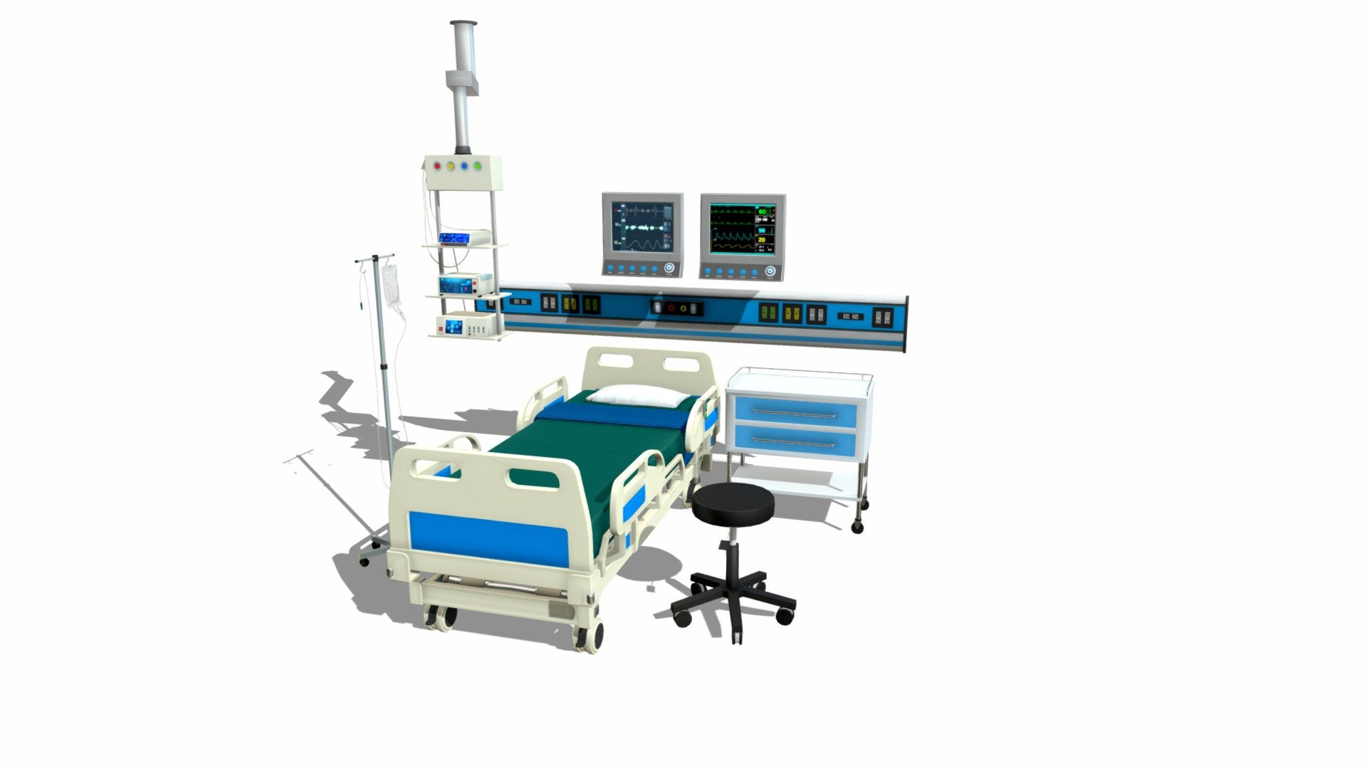 A detailed set of ICU equipment models, which includes a Trolly Table, Modutec Power Maquet, ECG Machine, a medical bed, and an IV stand. 

All of the models are fully unwrapped and feature clean geometry, consisting mostly of quads with no N-gons, coplanar faces, or coincident or isolated vertices. 

Additionally, the textures are high quality with a size of 2048x2048 pixels, and PBR textures are available for both specular/gloss and metallic workflows. 

If you require the product in a different format, our support team is available to assist with a free conversion. 

Lastly, the model uses real-world scale, where 1 unit equals 1 cm 3d model